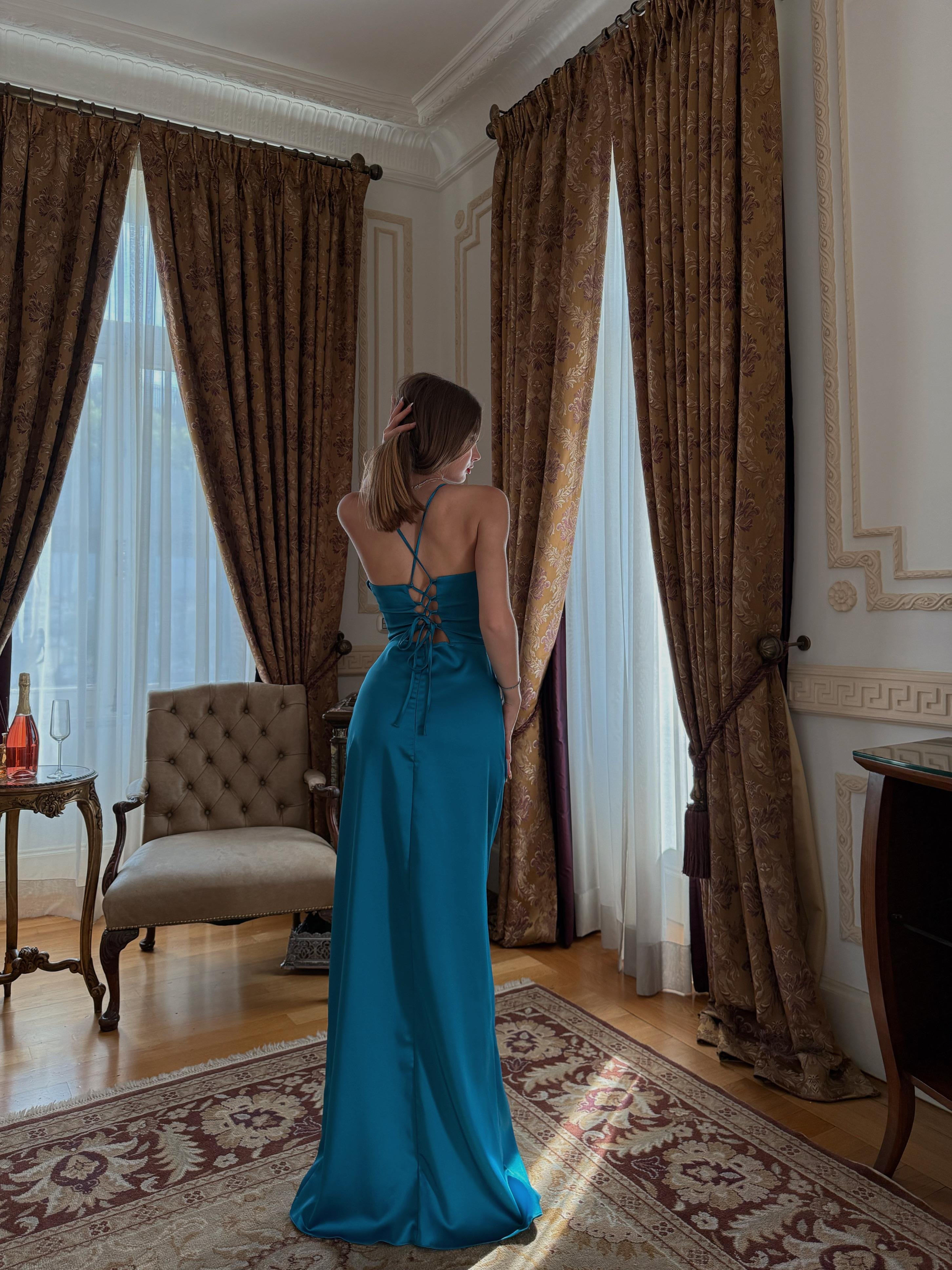 Aurora Korse Detay Askılı Petrol Abiye 