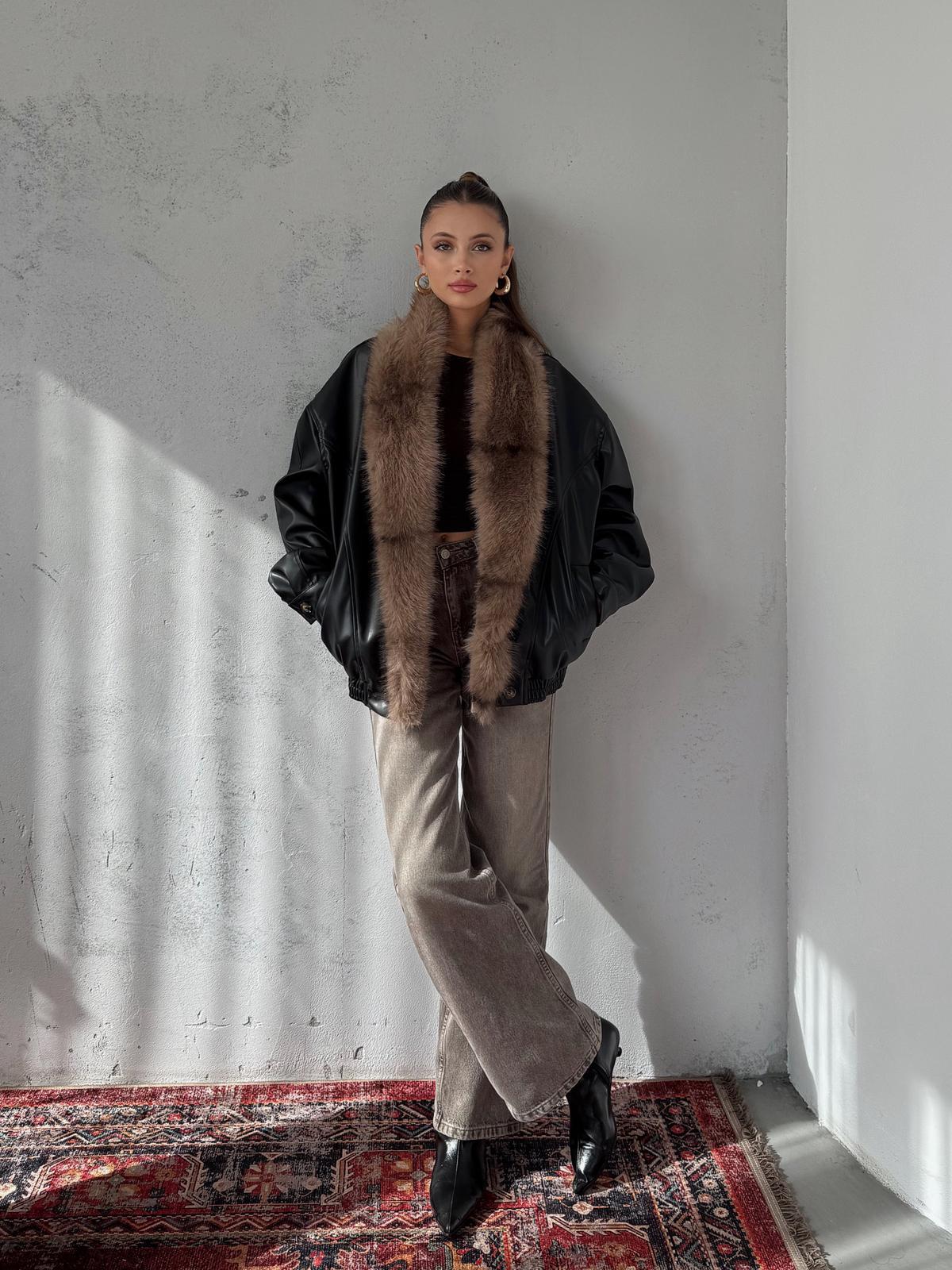 Belloro Siyah Yakası Kürk Detay Premium Deri Ceket