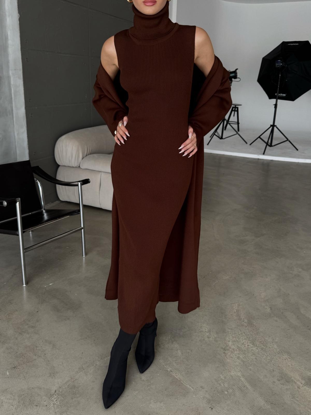 Blush Kahve Elbise Triko Hırka Takım