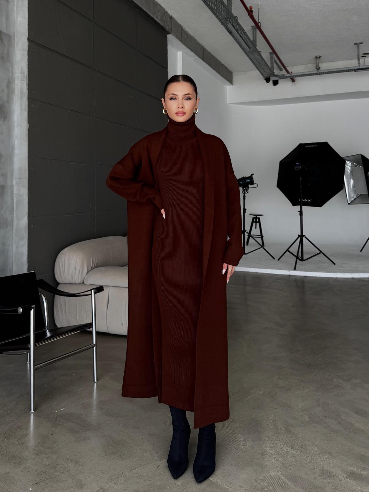 Blush Kahve Elbise Triko Hırka Takım