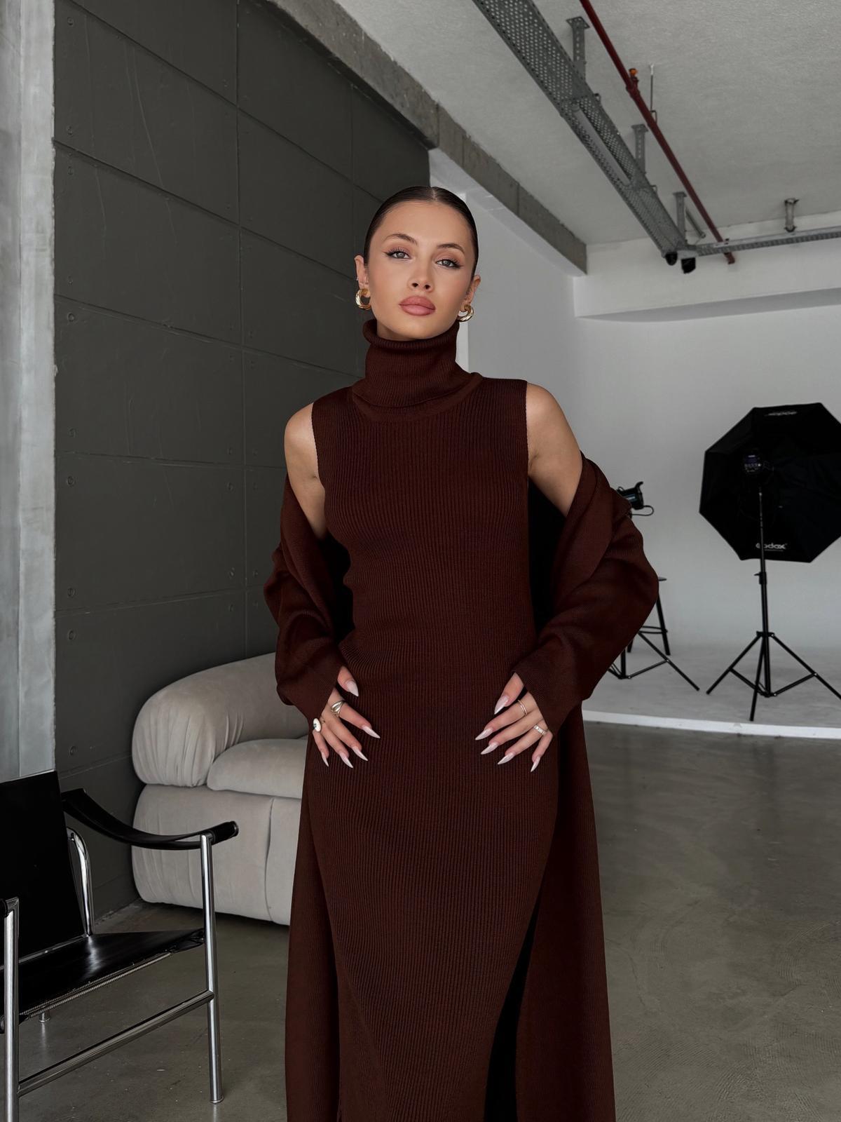 Blush Kahve Elbise Triko Hırka Takım