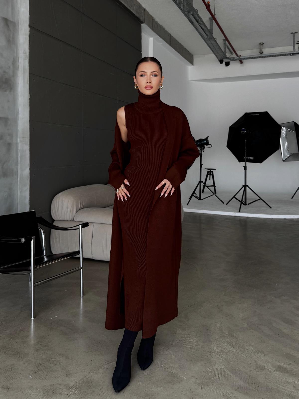Blush Kahve Elbise Triko Hırka Takım