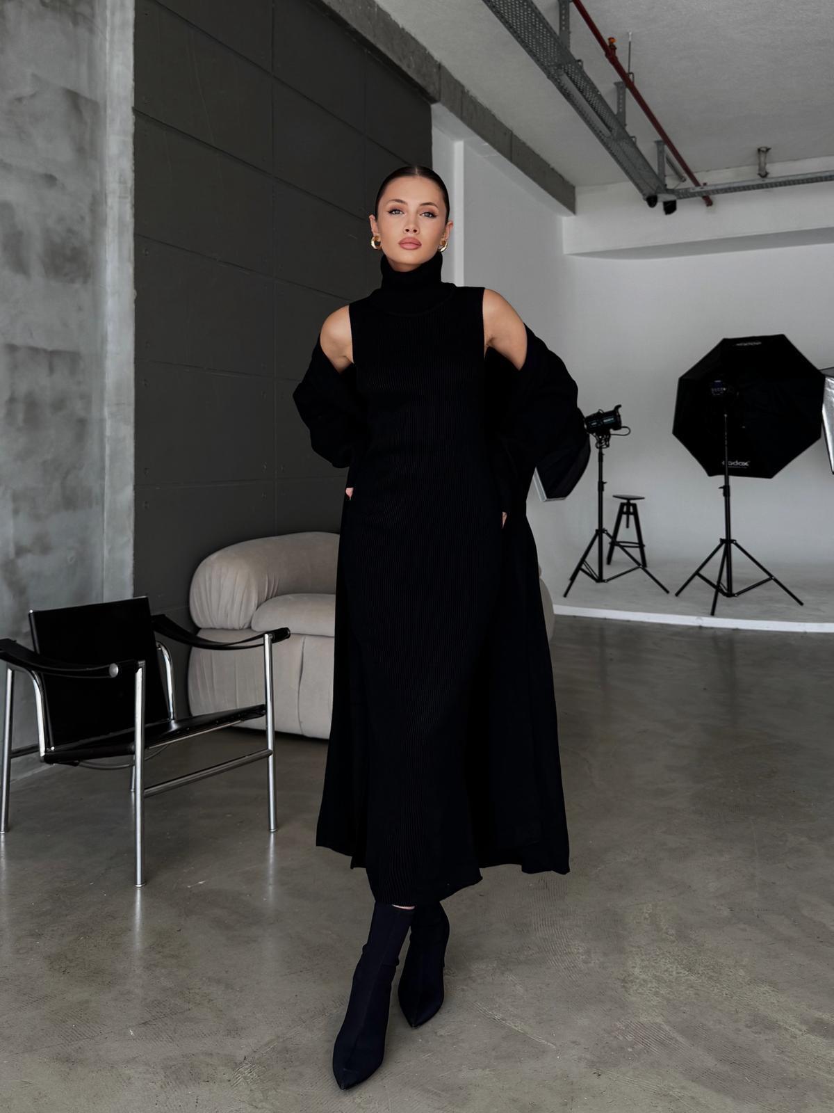 Blush Siyah Elbise Triko Hırka Takım