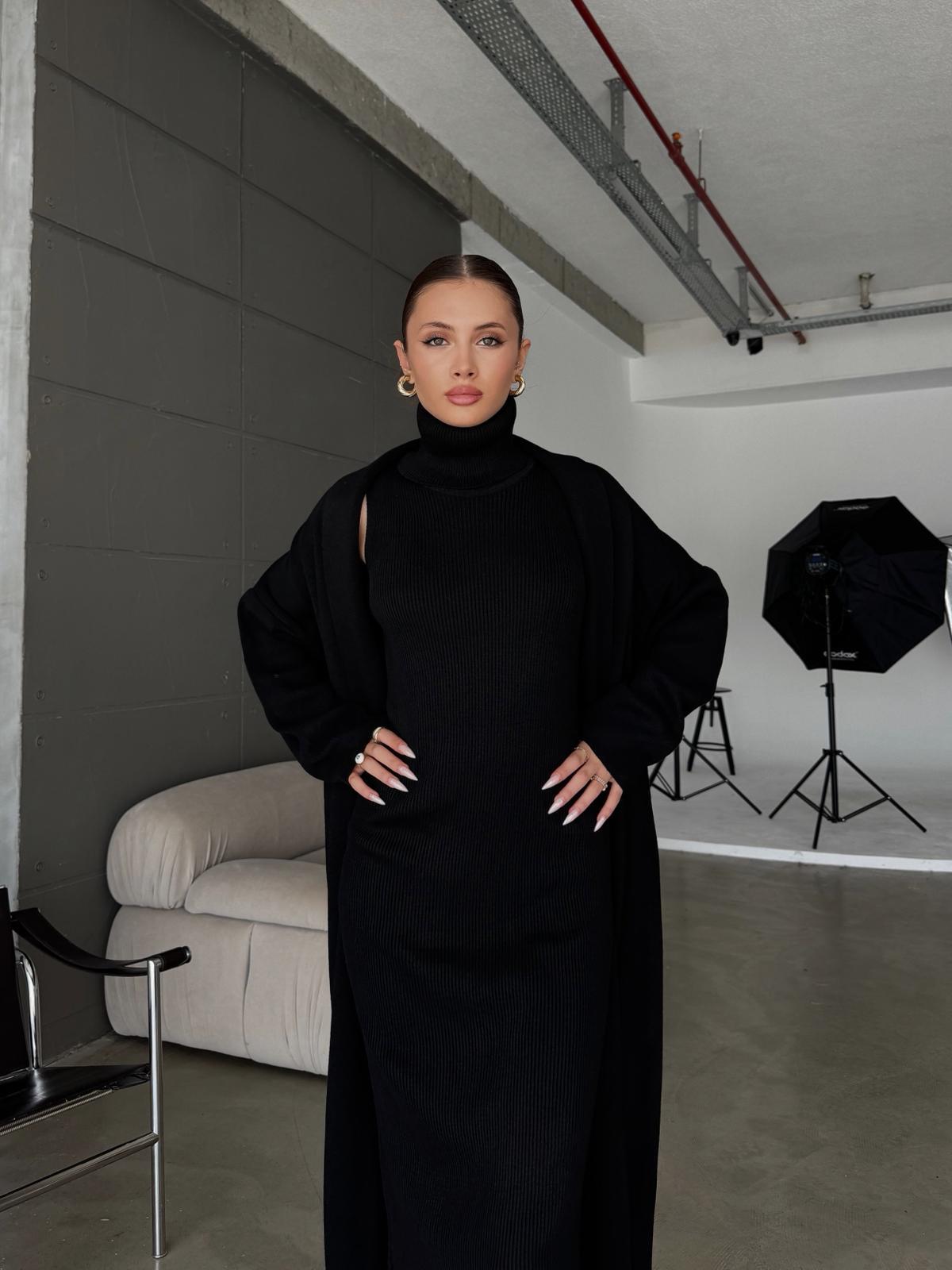 Blush Siyah Elbise Triko Hırka Takım