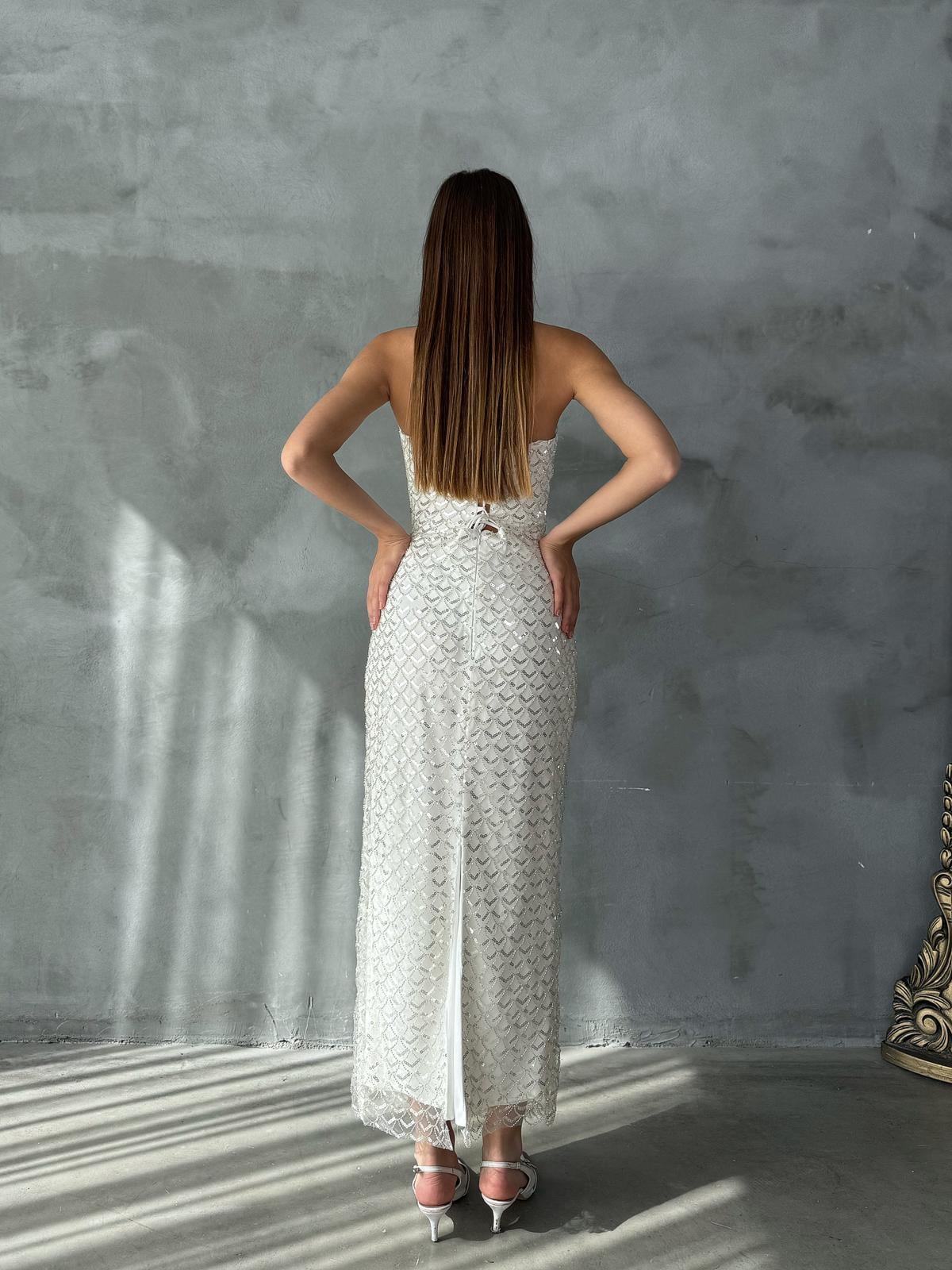 Cariyn Straplez Taş Detay Beyaz  Abiye 