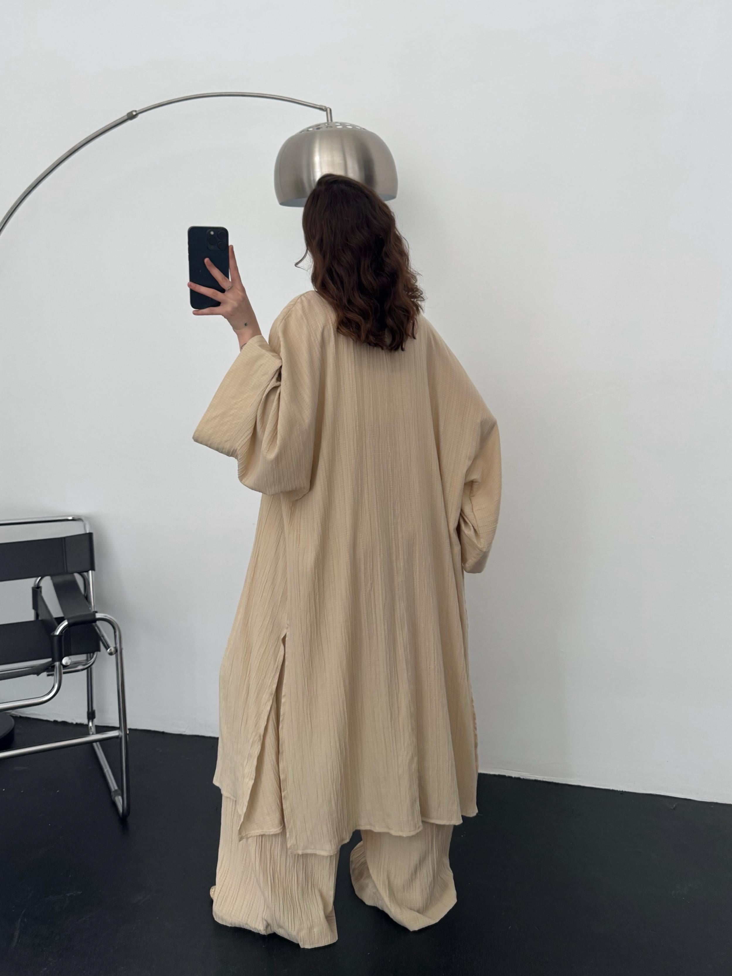 Clara Bej Gofre Uzun Kimono Pantolon Takım