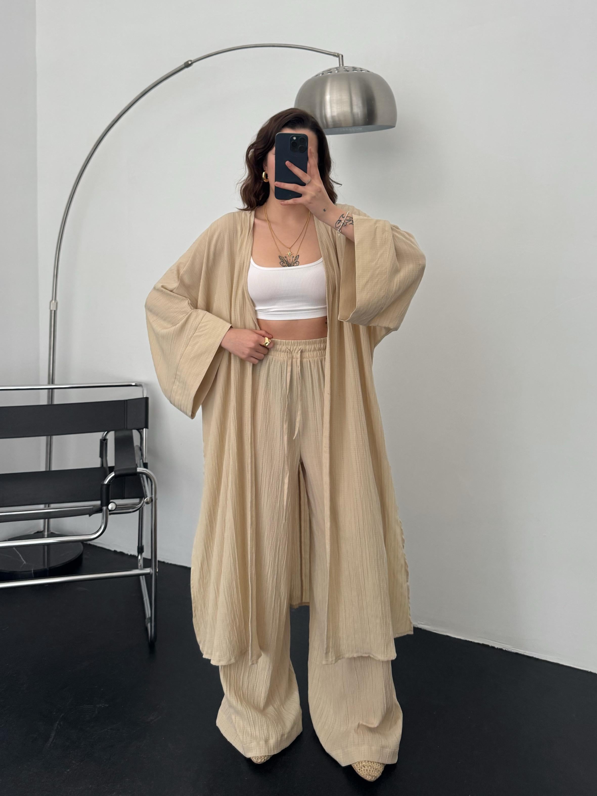 Clara Bej Gofre Uzun Kimono Pantolon Takım