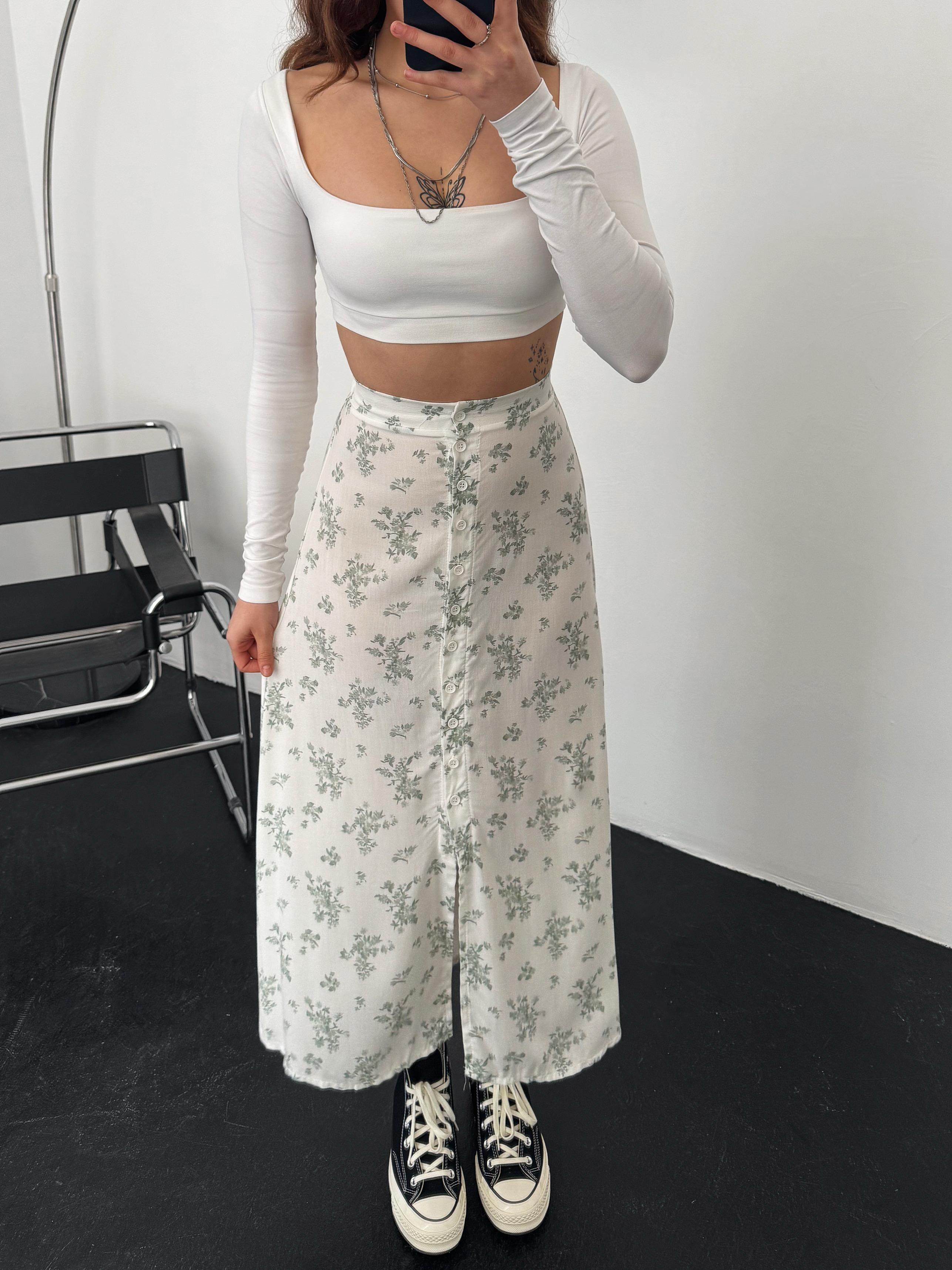 Clinton Düğme Detay Çiçek Desenli Ekru-Yeşil Etek