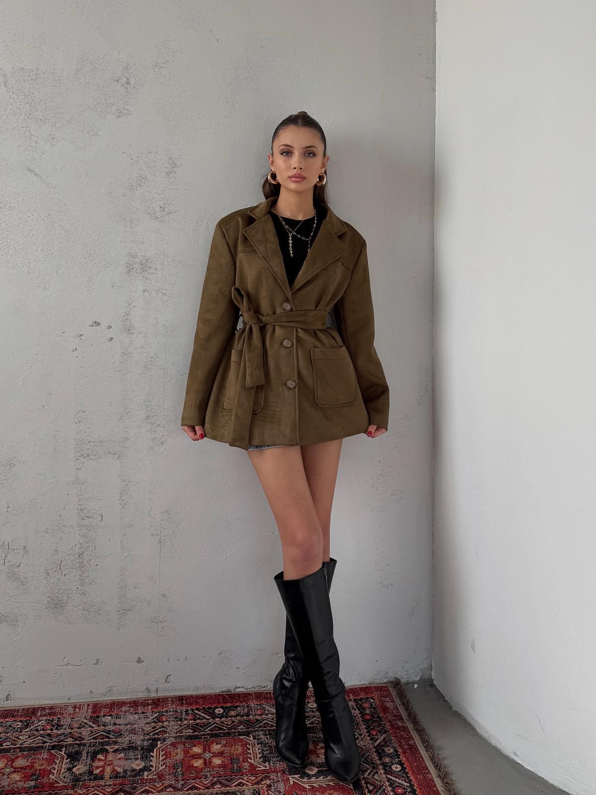 Coren Bağlama Detay Haki Süet Ceket