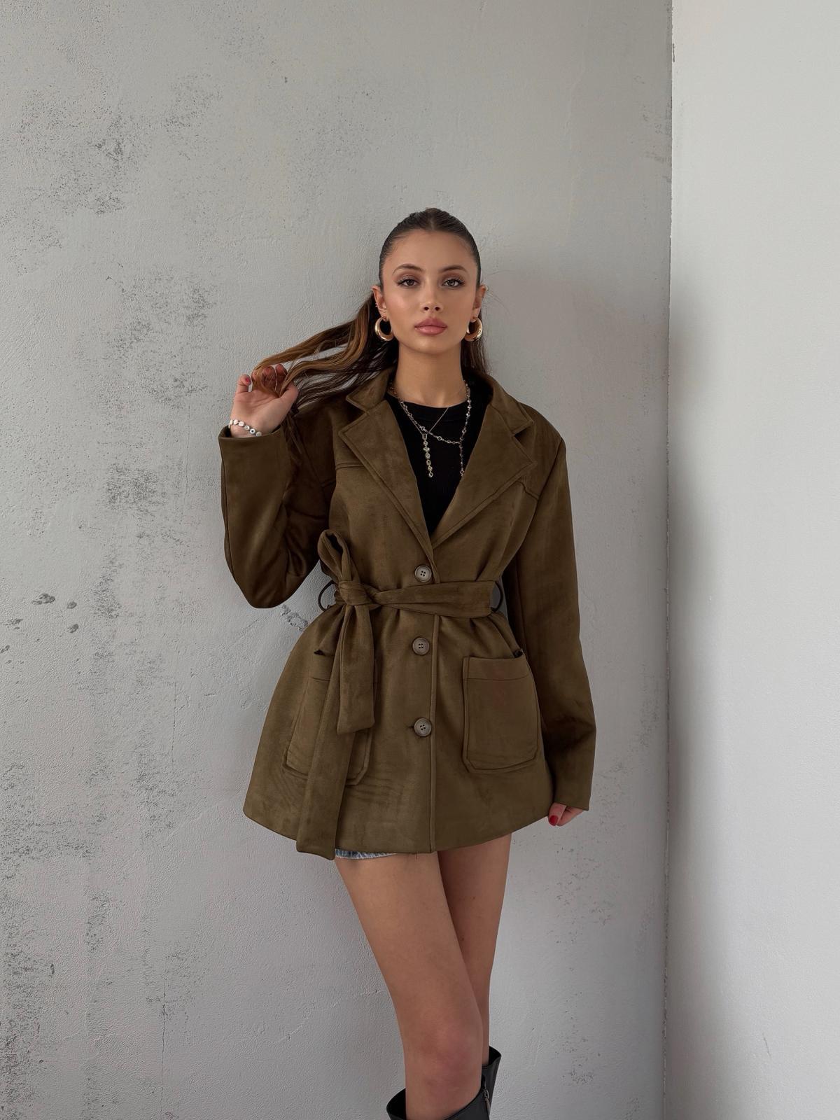 Coren Bağlama Detay Haki Süet Ceket