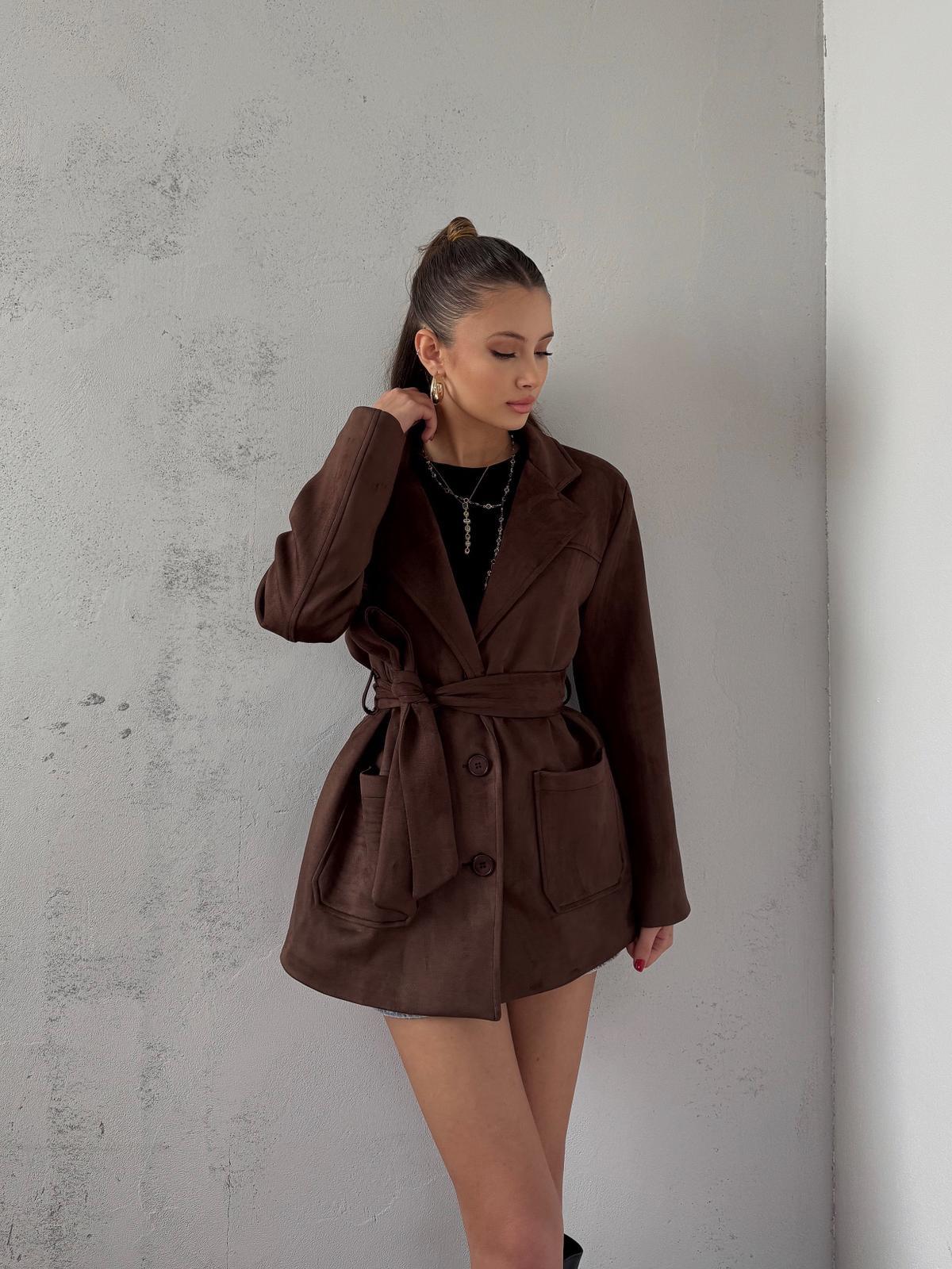 Coren Bağlama Detay Kahve Süet Ceket