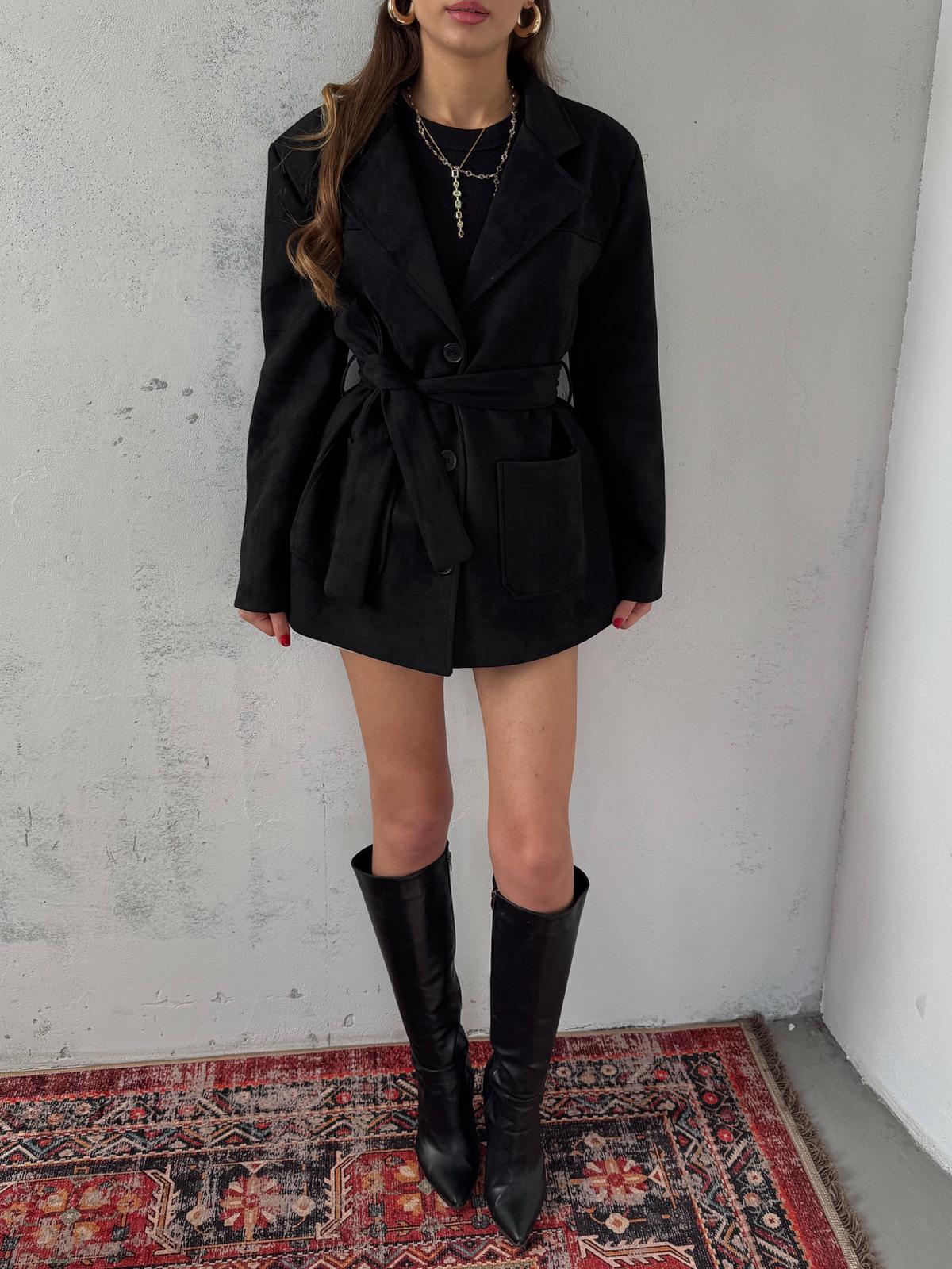 Coren Bağlama Detay Siyah Süet Ceket