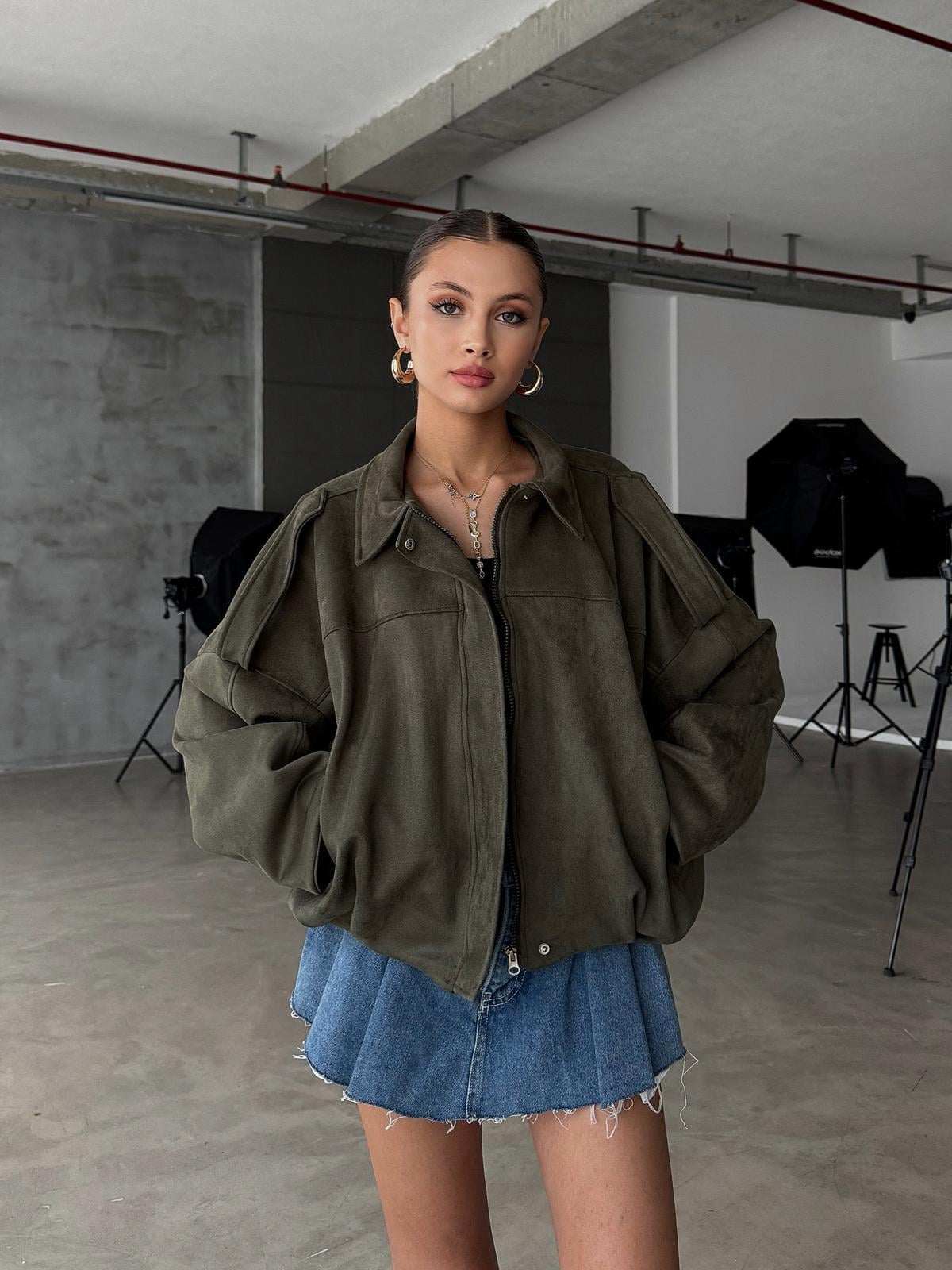Dusty Haki Bomber Süet Ceket