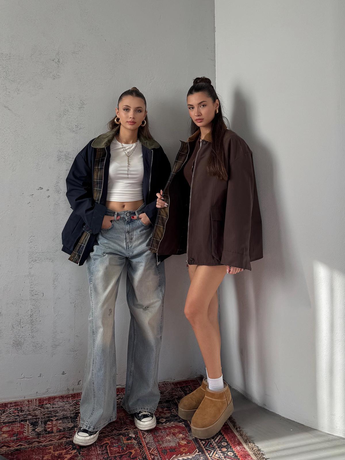 Elvar Yakası Kadife Detay Ekose Astarlı Acı Kahve Ceket