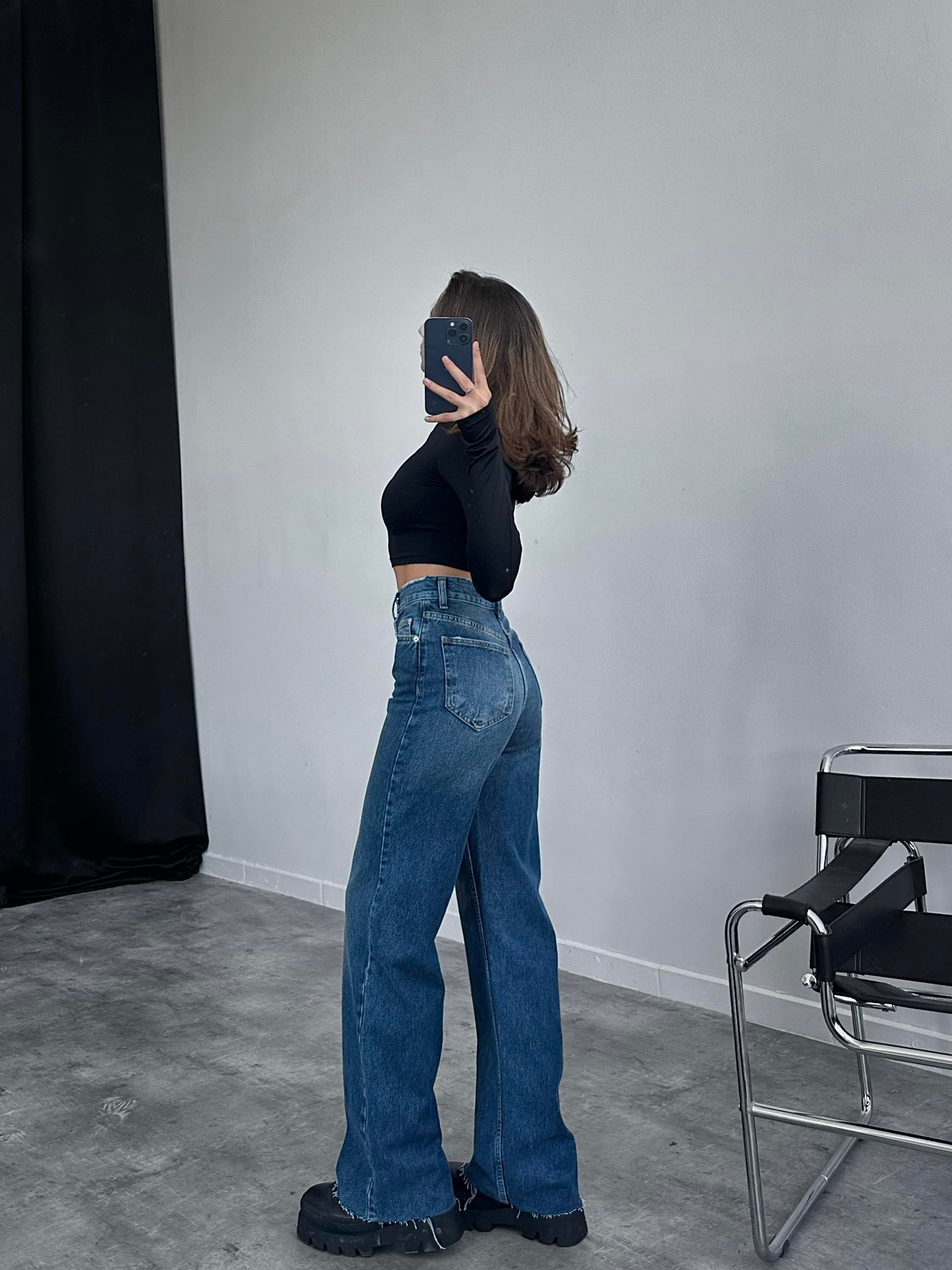 Flâner Ultra Yüksek Bel Koyu Mavi Yıkamalı Wide Leg Jean