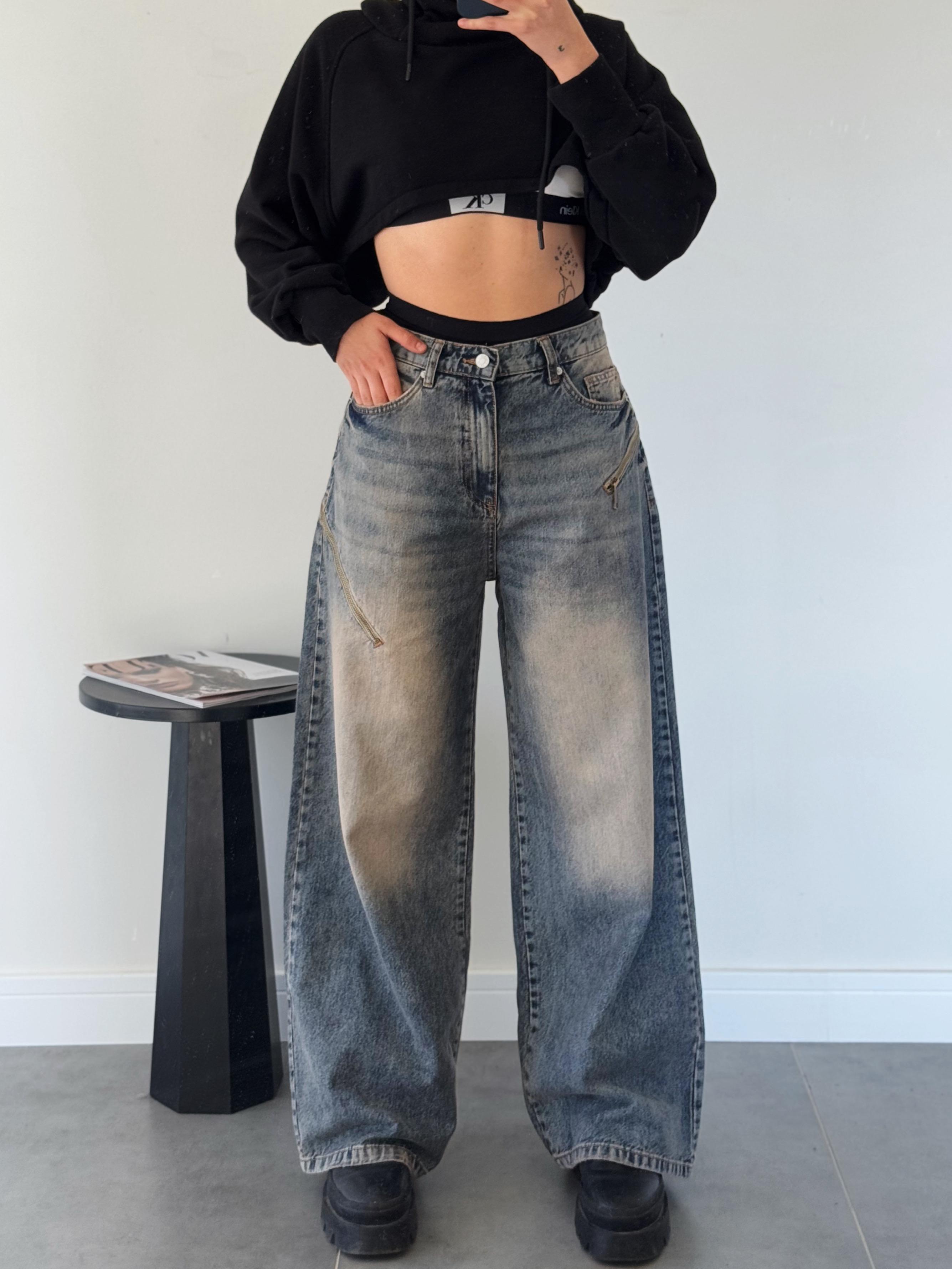 Folens Fermuar Detay Koyu Eskitme Süper Baggy Jean-One