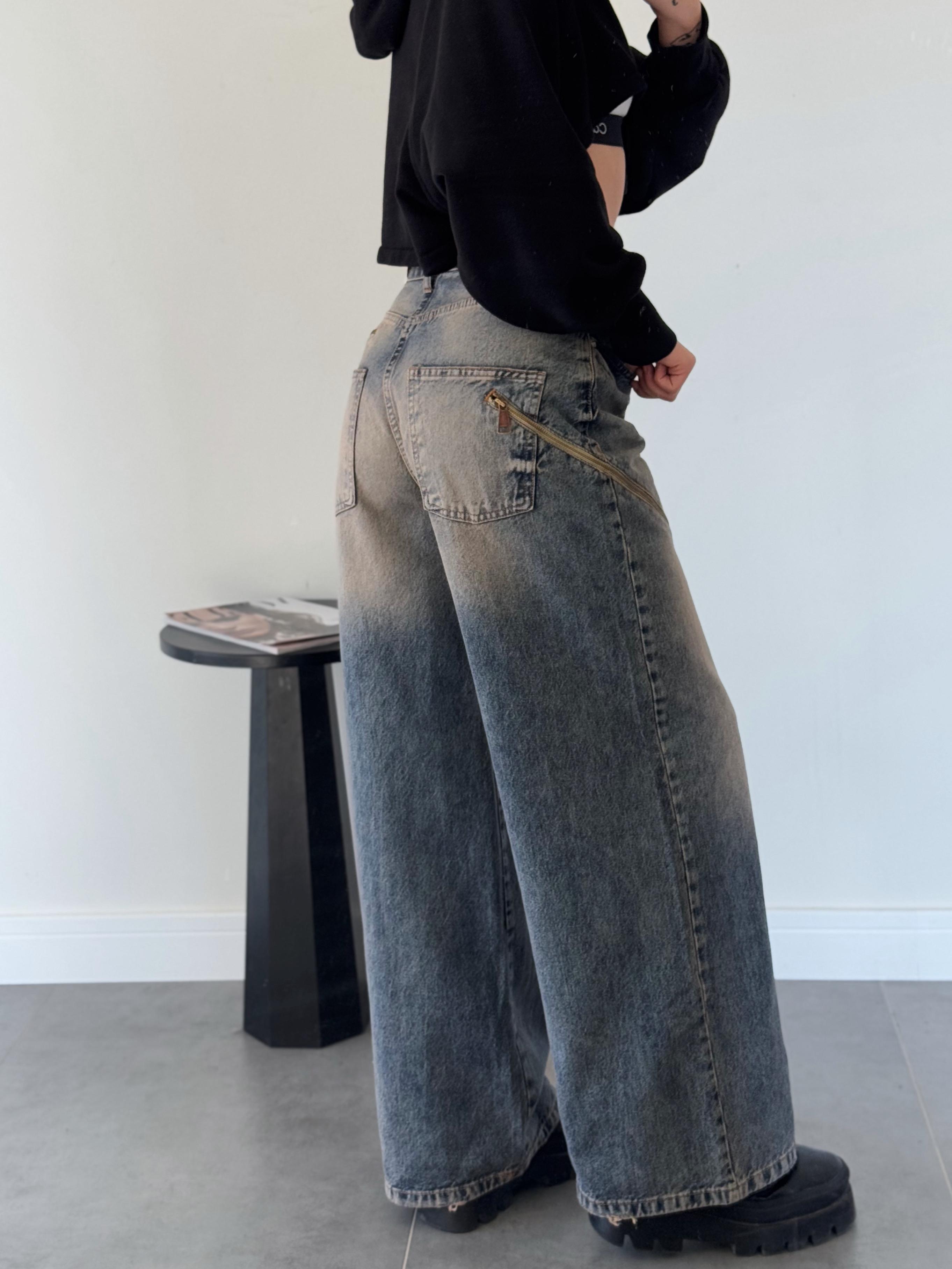 Folens Fermuar Detay Koyu Eskitme Süper Baggy Jean-One