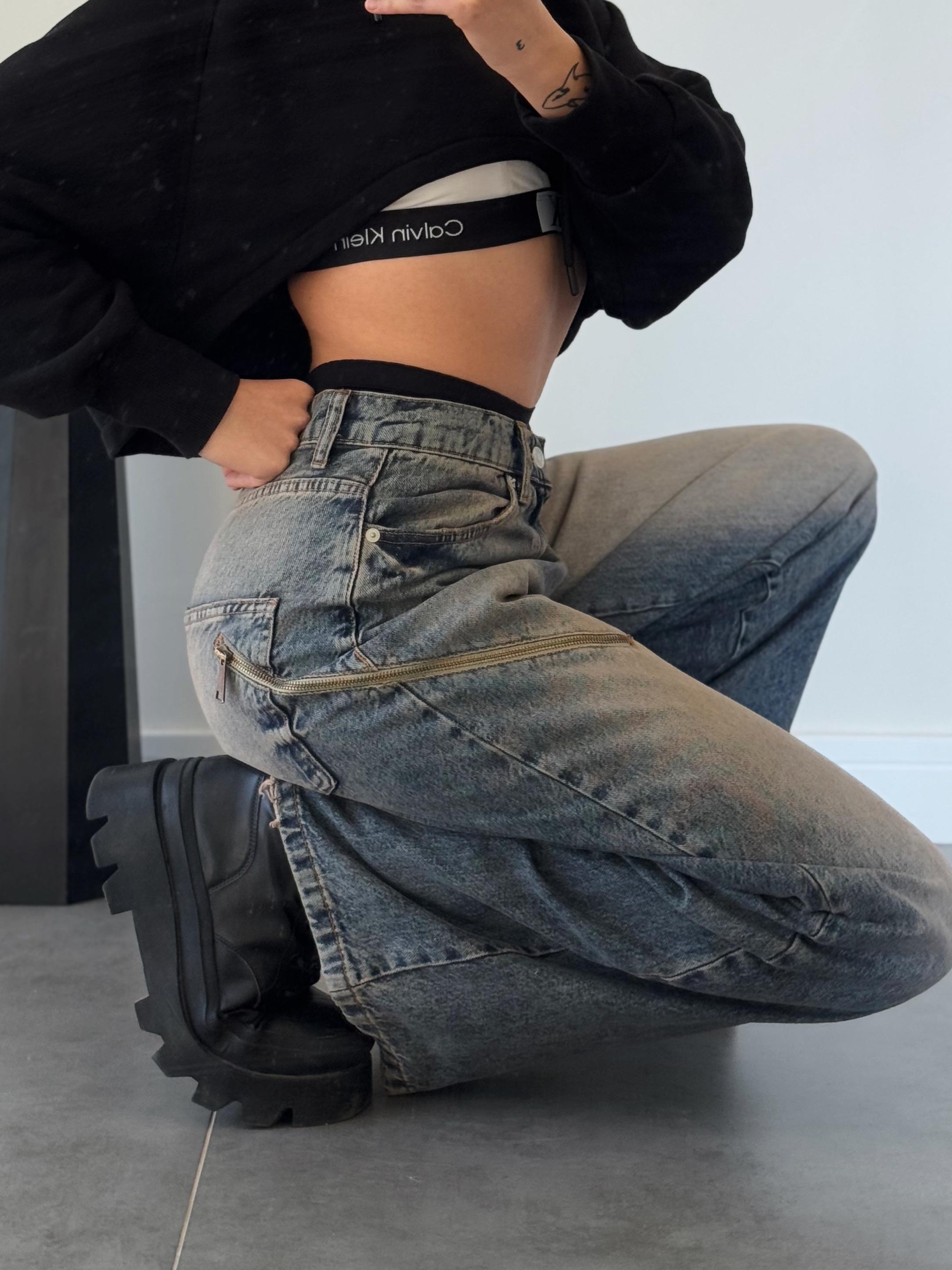 Folens Fermuar Detay Koyu Eskitme Süper Baggy Jean-One