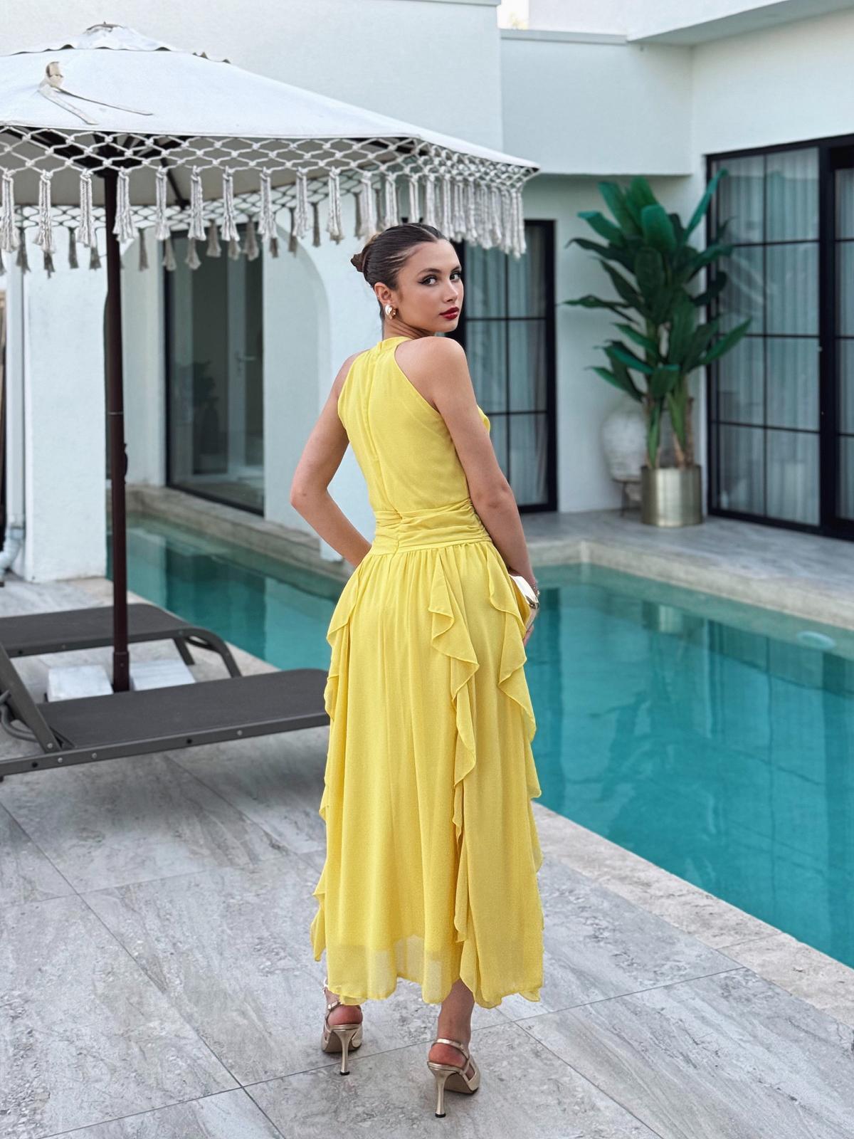 Freesia Sarı Önü Büzgülü Detay Fırfırlı Elbise