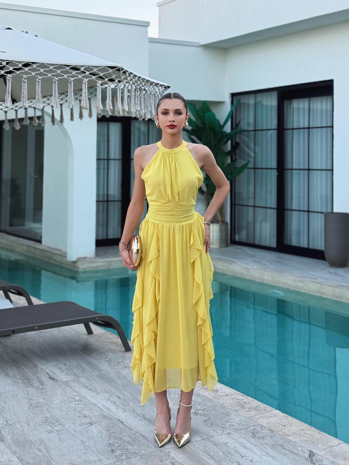 Freesia Sarı Önü Büzgülü Detay Fırfırlı Elbise