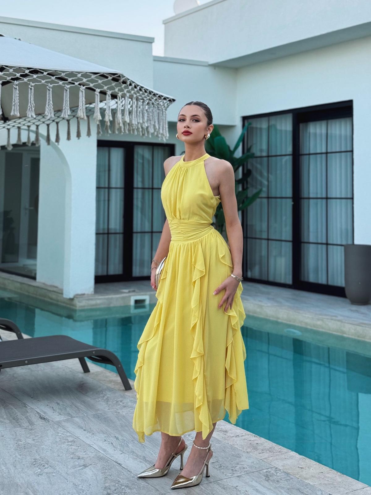 Freesia Sarı Önü Büzgülü Detay Fırfırlı Elbise