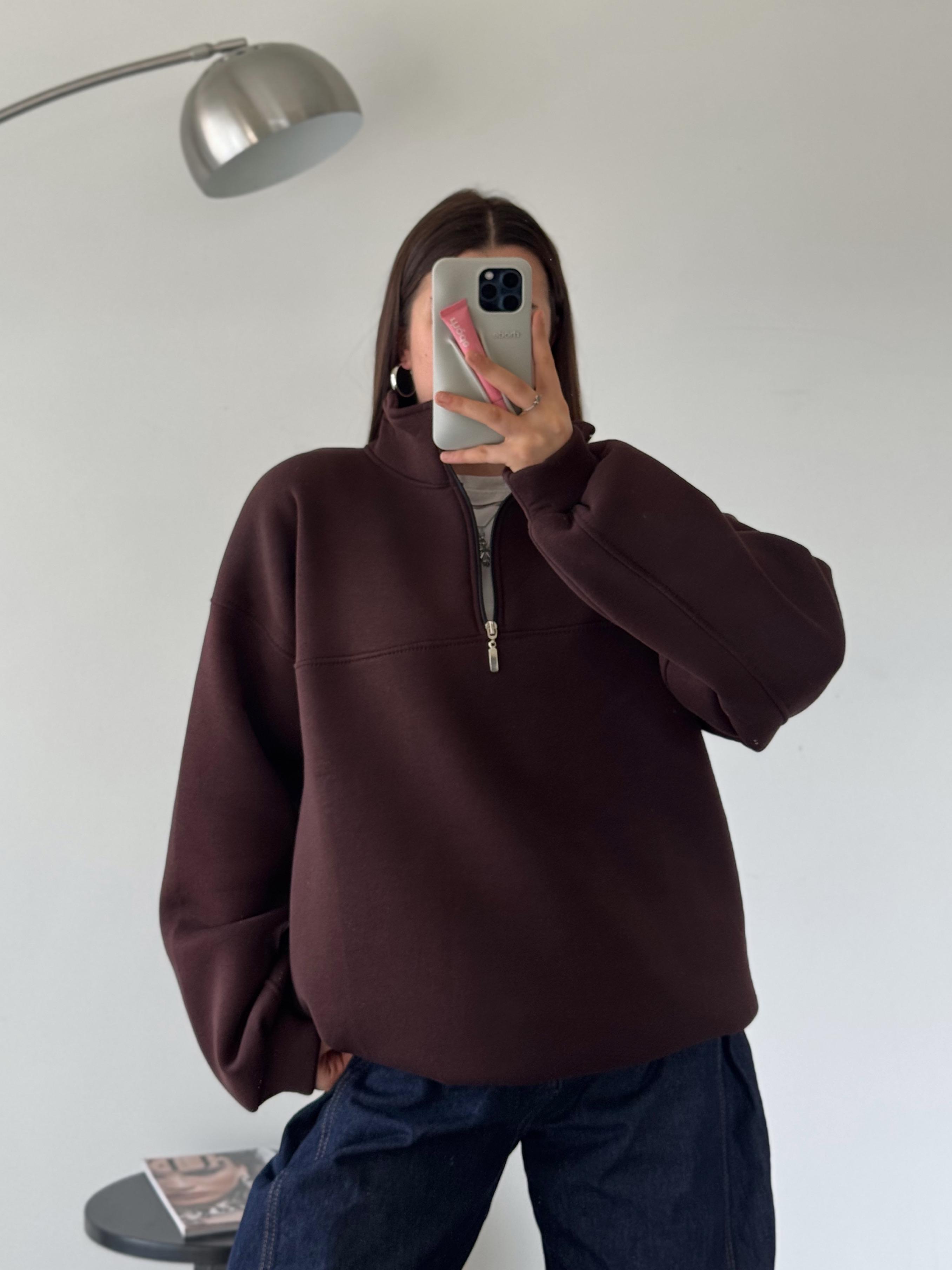 Fresco Kahverengi Yarım Fermuar Sweatshirt