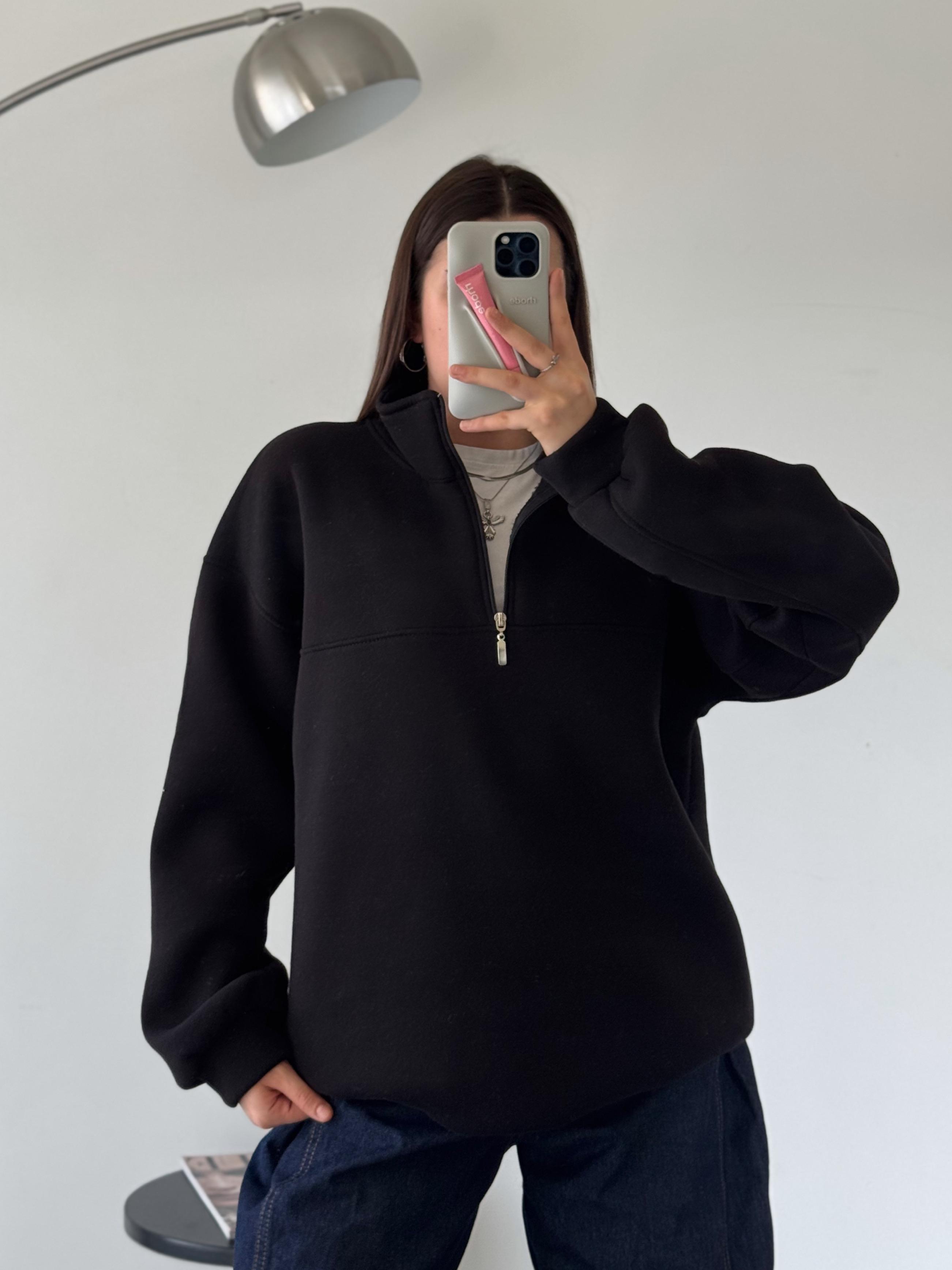 Fresco Siyah Yarım Fermuar Sweatshirt