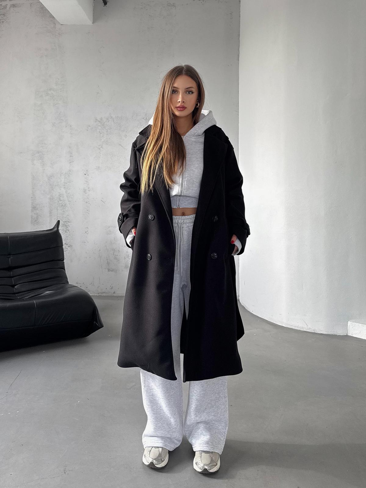 Frost Siyah Apoletli Oversize Kaşe Uzun Kaban