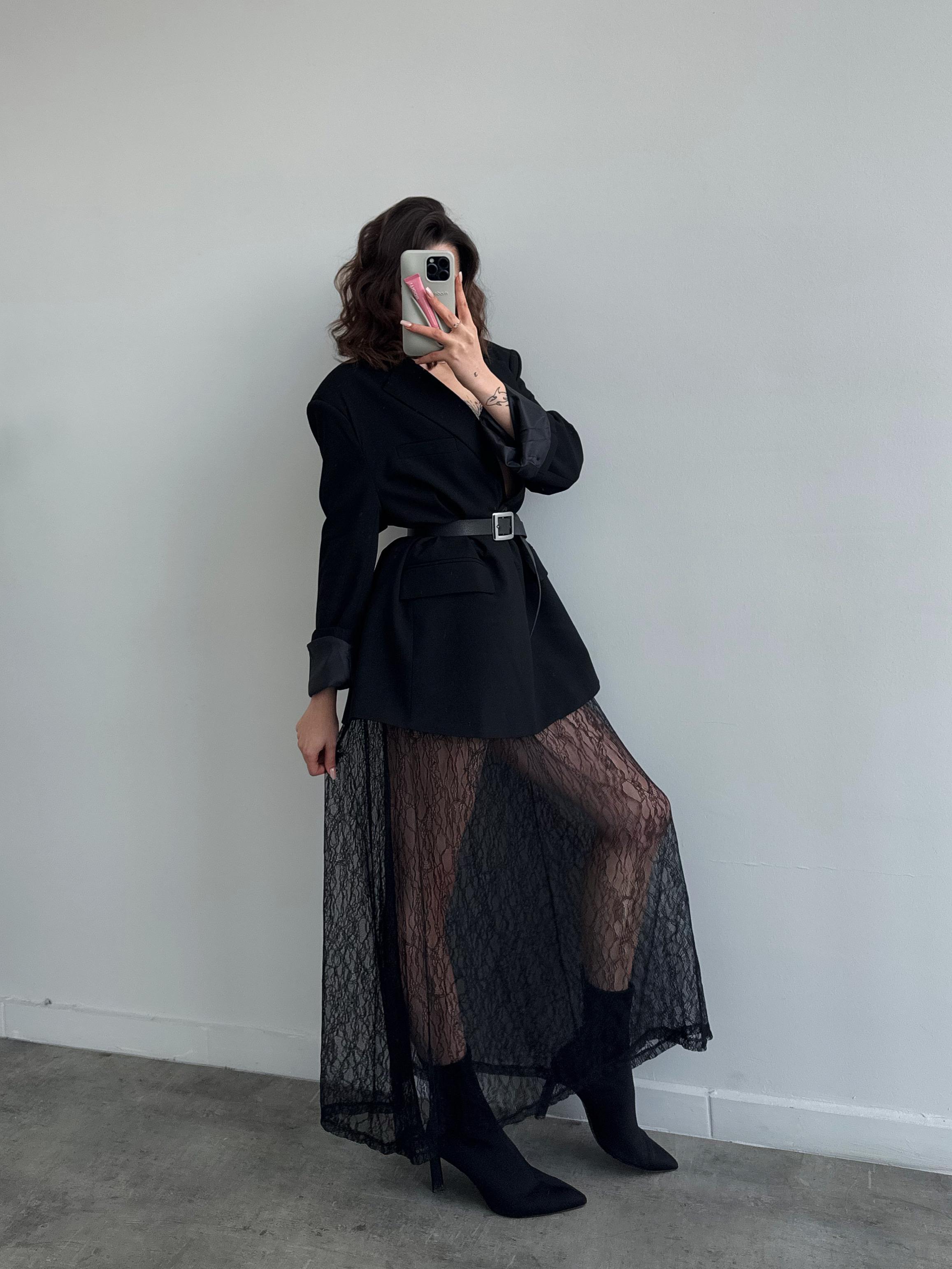 Gail Siyah Dantel Uzun Tül Etek