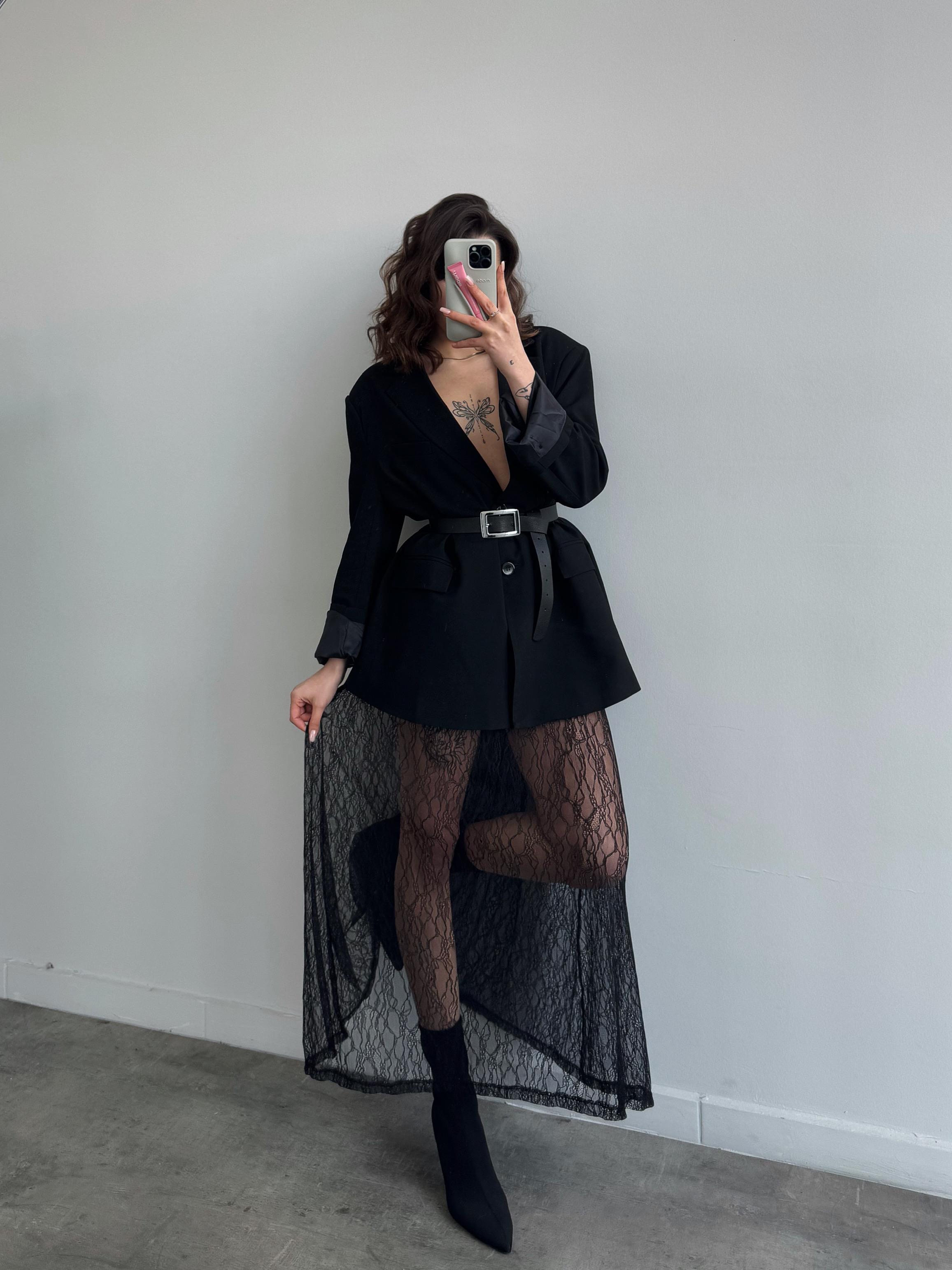 Gail Siyah Dantel Uzun Tül Etek