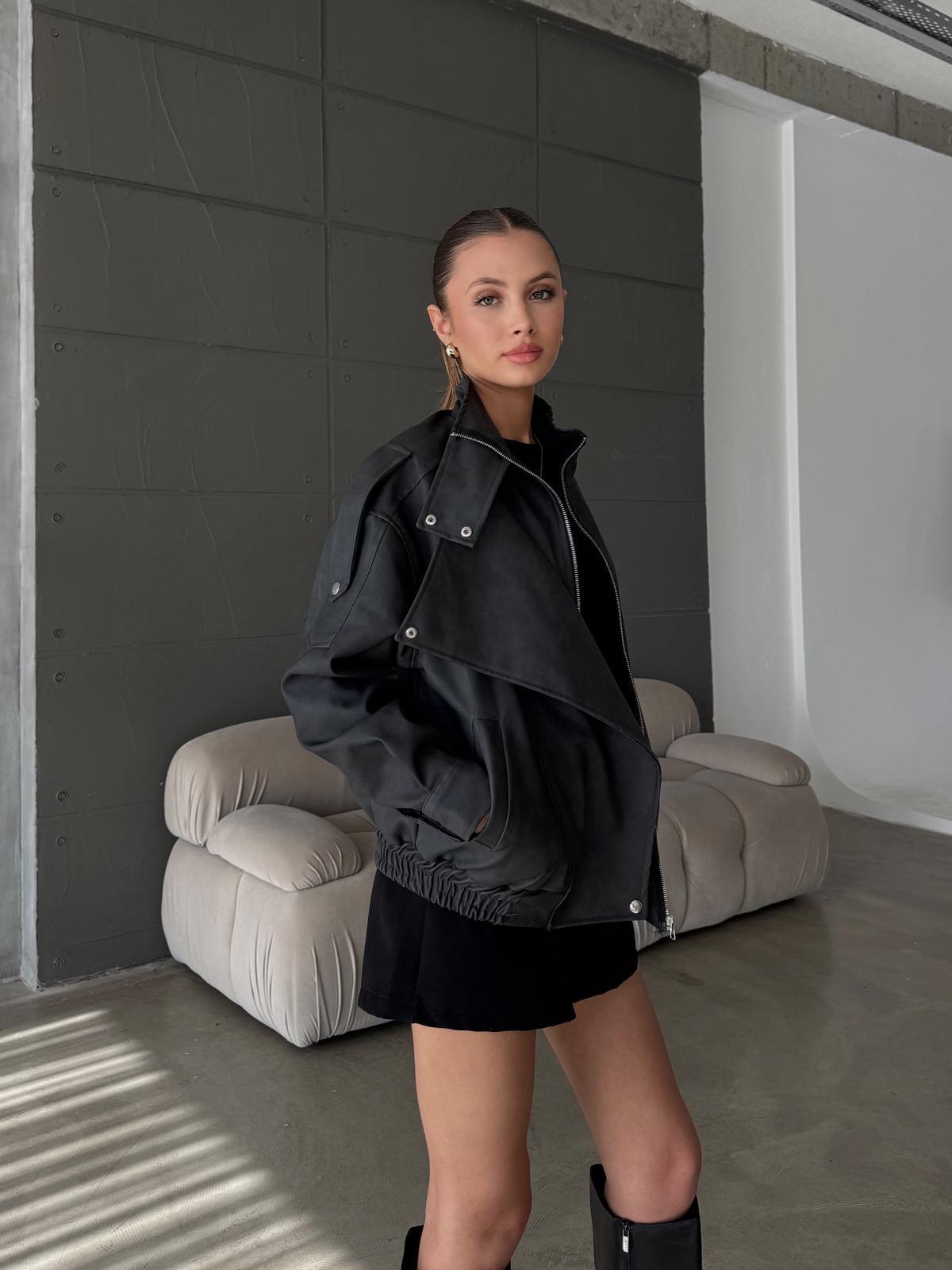 Hexor Beli Lastik Detay Oversize Nubuk Siyah Deri Ceket