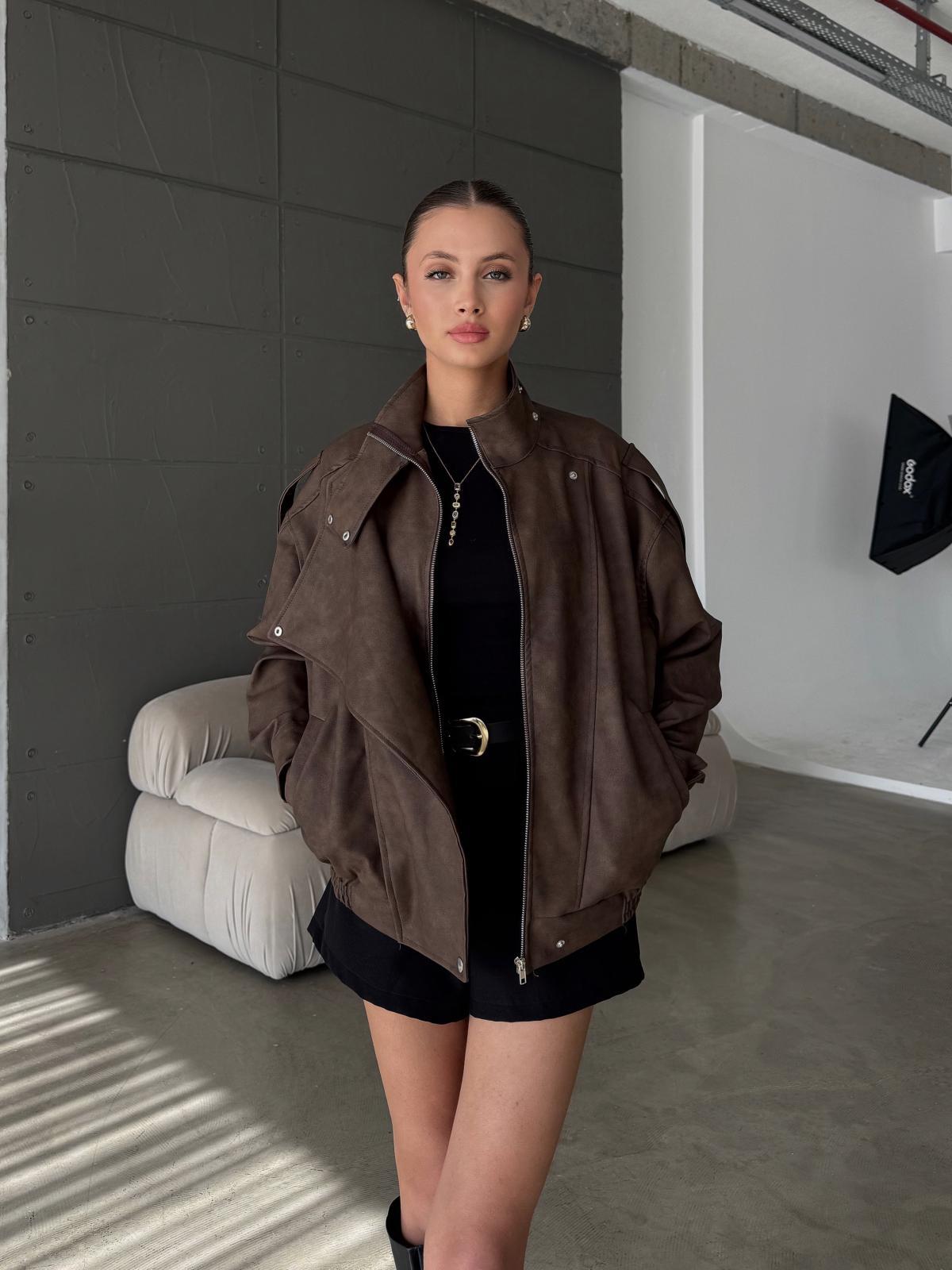 Hexor Beli Lastik Detay Oversize Nubuk Kahve Deri Ceket