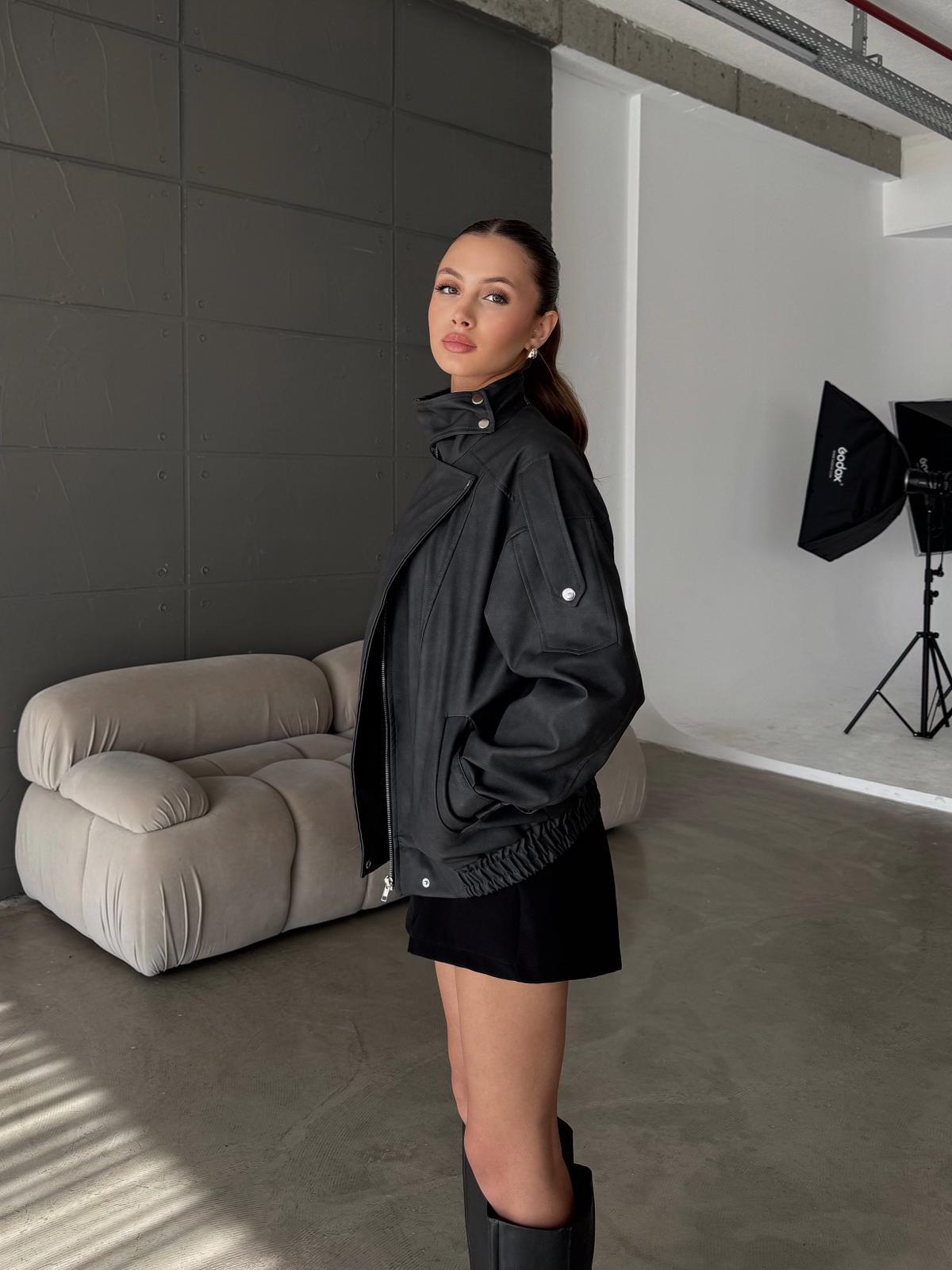 Hexor Beli Lastik Detay Oversize Nubuk Siyah Deri Ceket