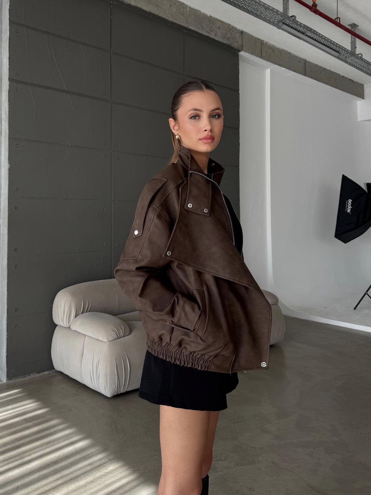 Hexor Beli Lastik Detay Oversize Nubuk Kahve Deri Ceket