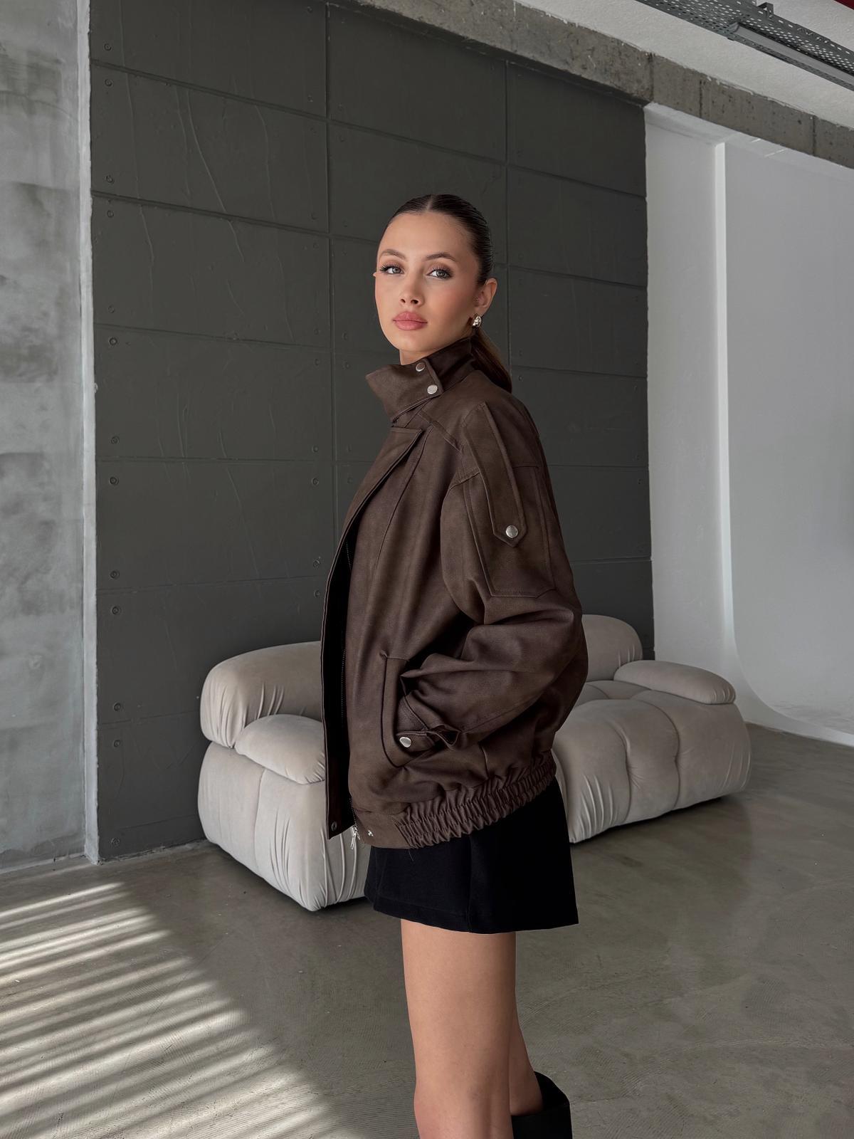 Hexor Beli Lastik Detay Oversize Nubuk Kahve Deri Ceket