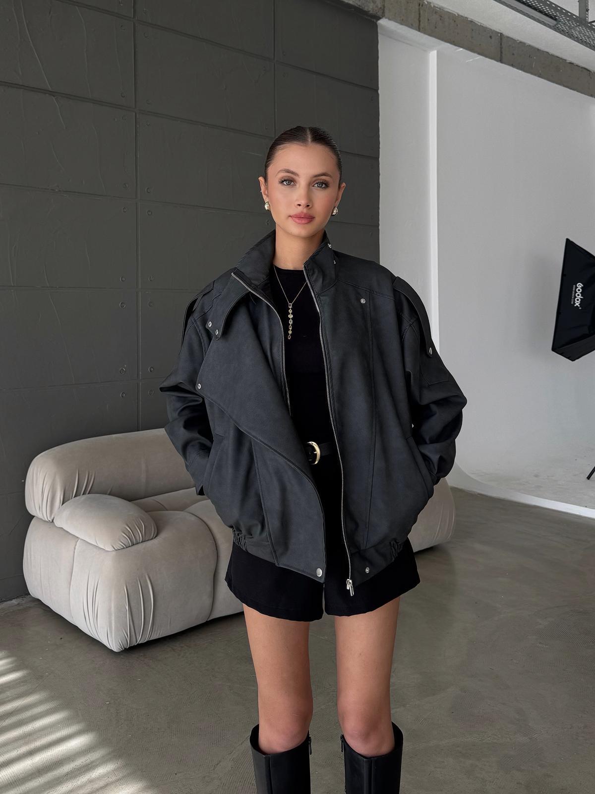 Hexor Beli Lastik Detay Oversize Nubuk Siyah Deri Ceket
