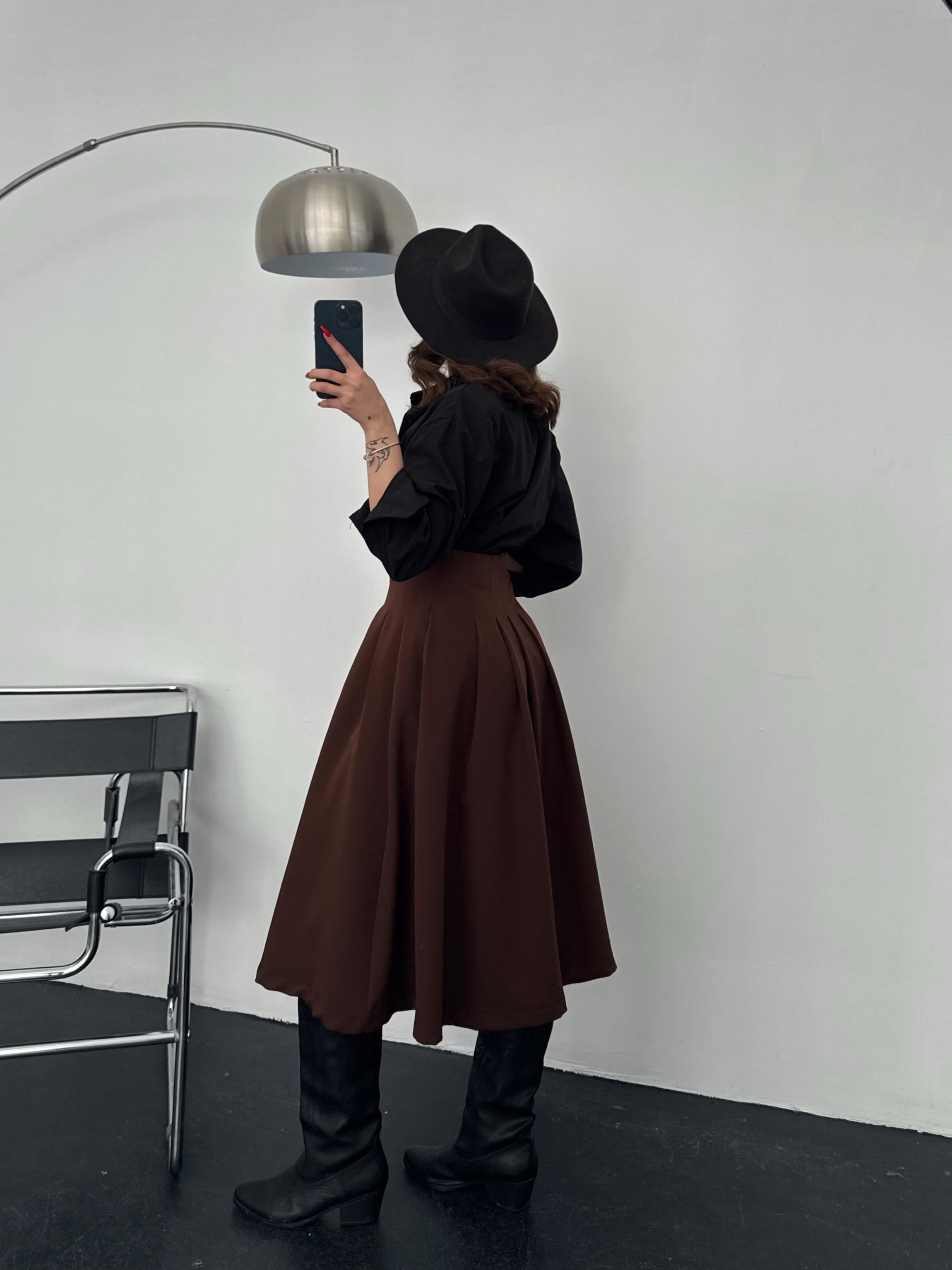 Jaka Kahve Yırtmaçlı Kemer Detay Midi Etek