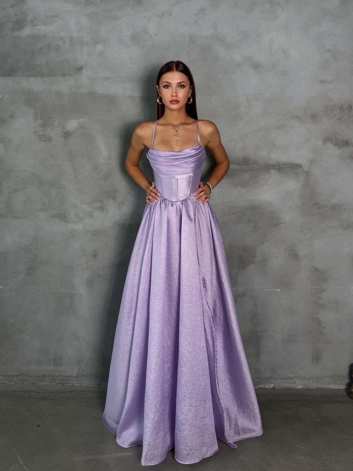 Jenga Askılı Sırt Detay Lila Yırtmaçlı Uzun Abiye 