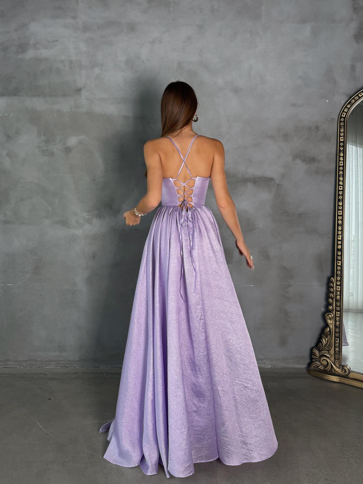 Jenga Askılı Sırt Detay Lila Yırtmaçlı Uzun Abiye 