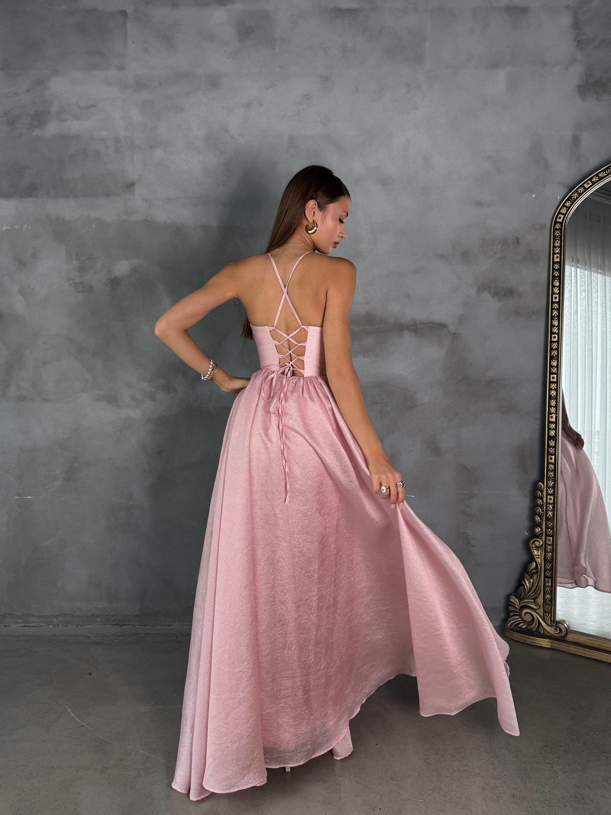 Jenga Askılı Sırt Detay Toz Pembe Yırtmaçlı Uzun Abiye 