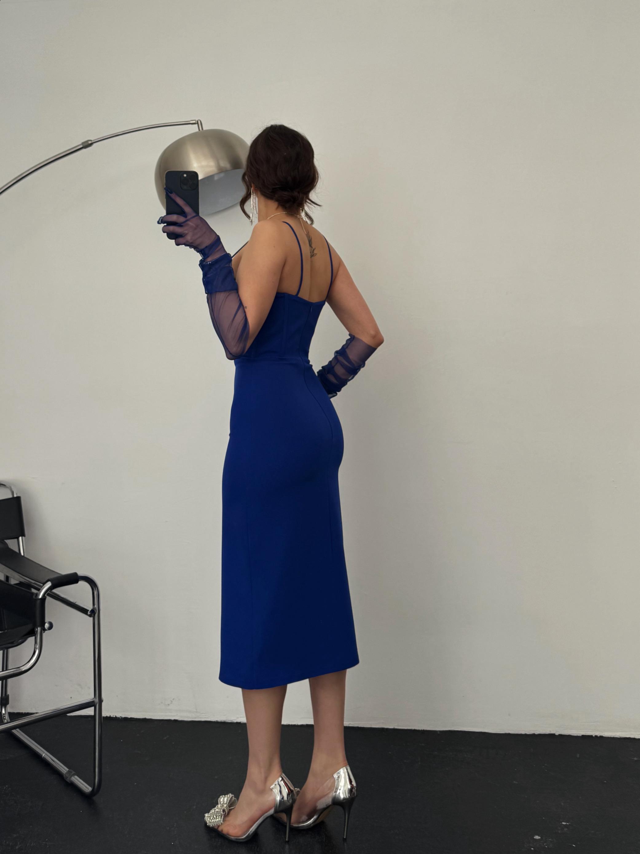 Josef Askılı Yırtmaç Detay Saks Mavi Midi Boy Abiye 