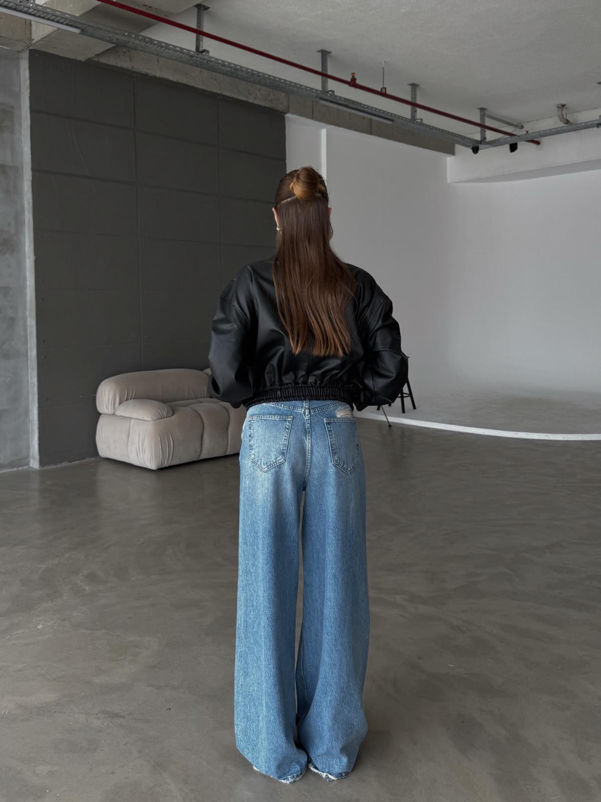 Kairo Beli Lastik Detay Siyah Deri Ceket