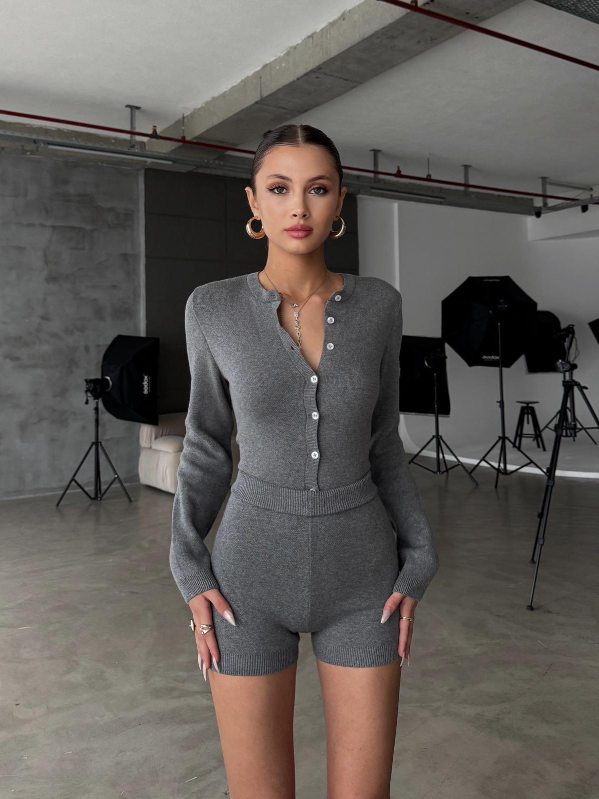 Knitelle Gri Bodysuit Hırka Şort Triko Takım
