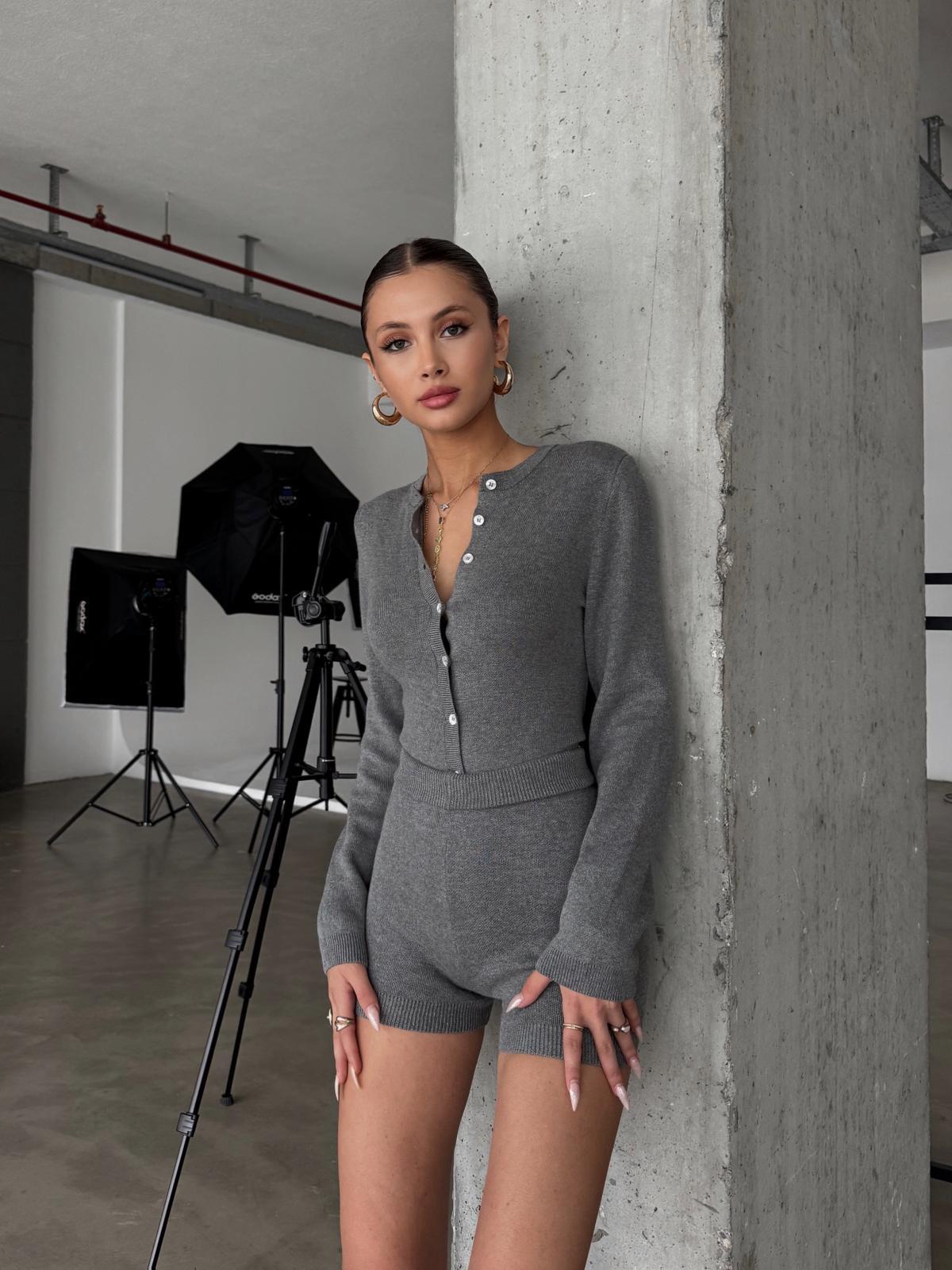 Knitelle Gri Bodysuit Hırka Şort Triko Takım