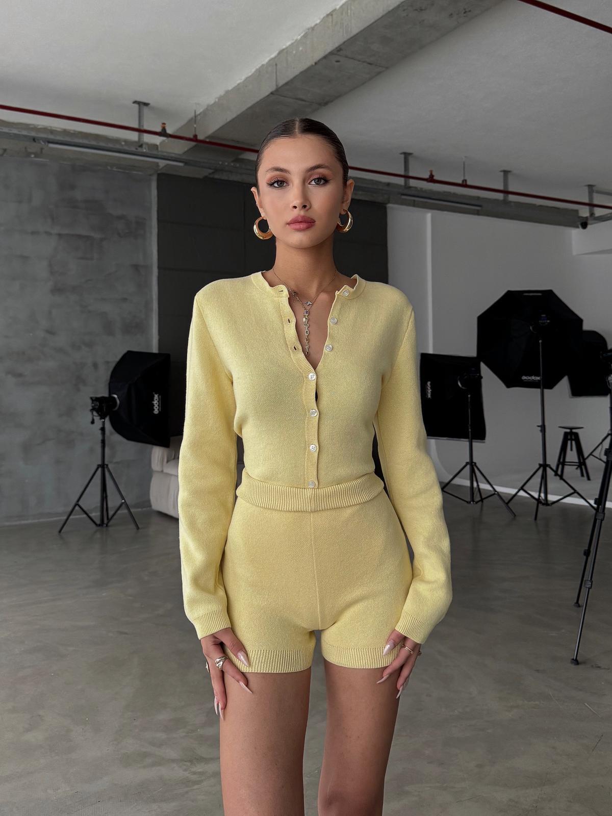Knitelle Sarı Bodysuit Hırka Şort Triko Takım