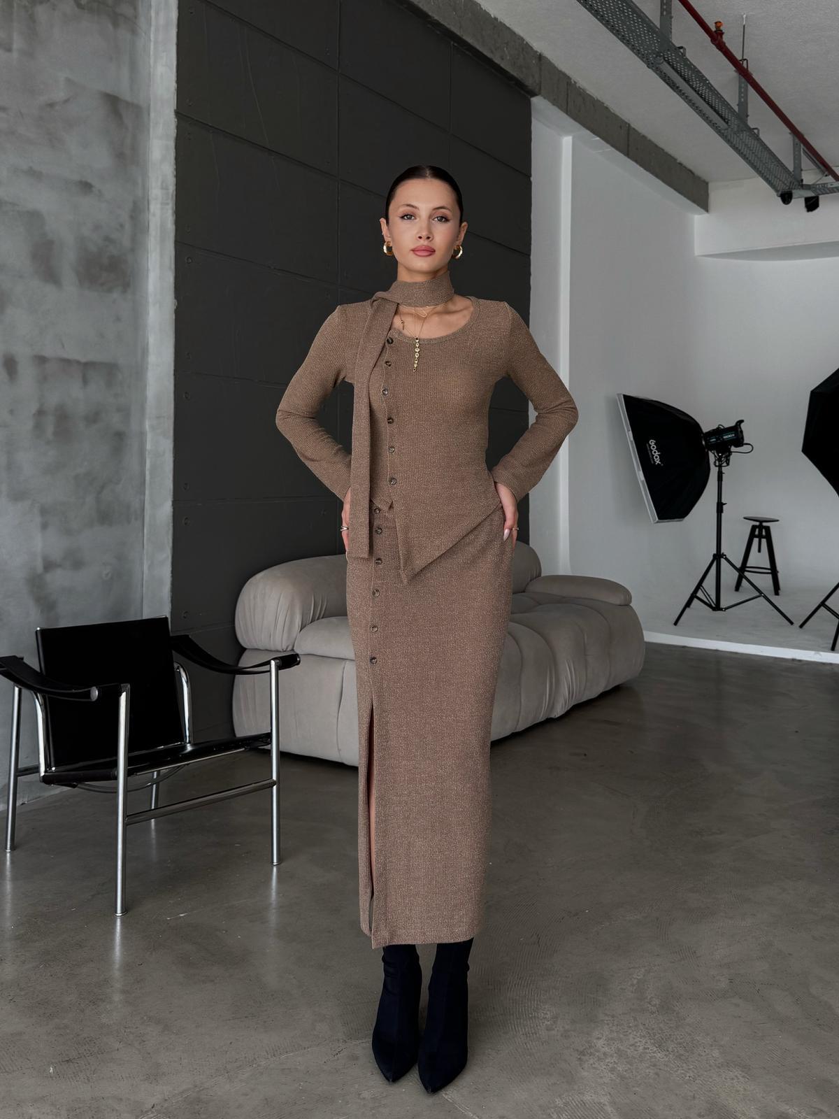 Knitora Şal Detay Koyu Kahve Triko Bluz Etek Takım