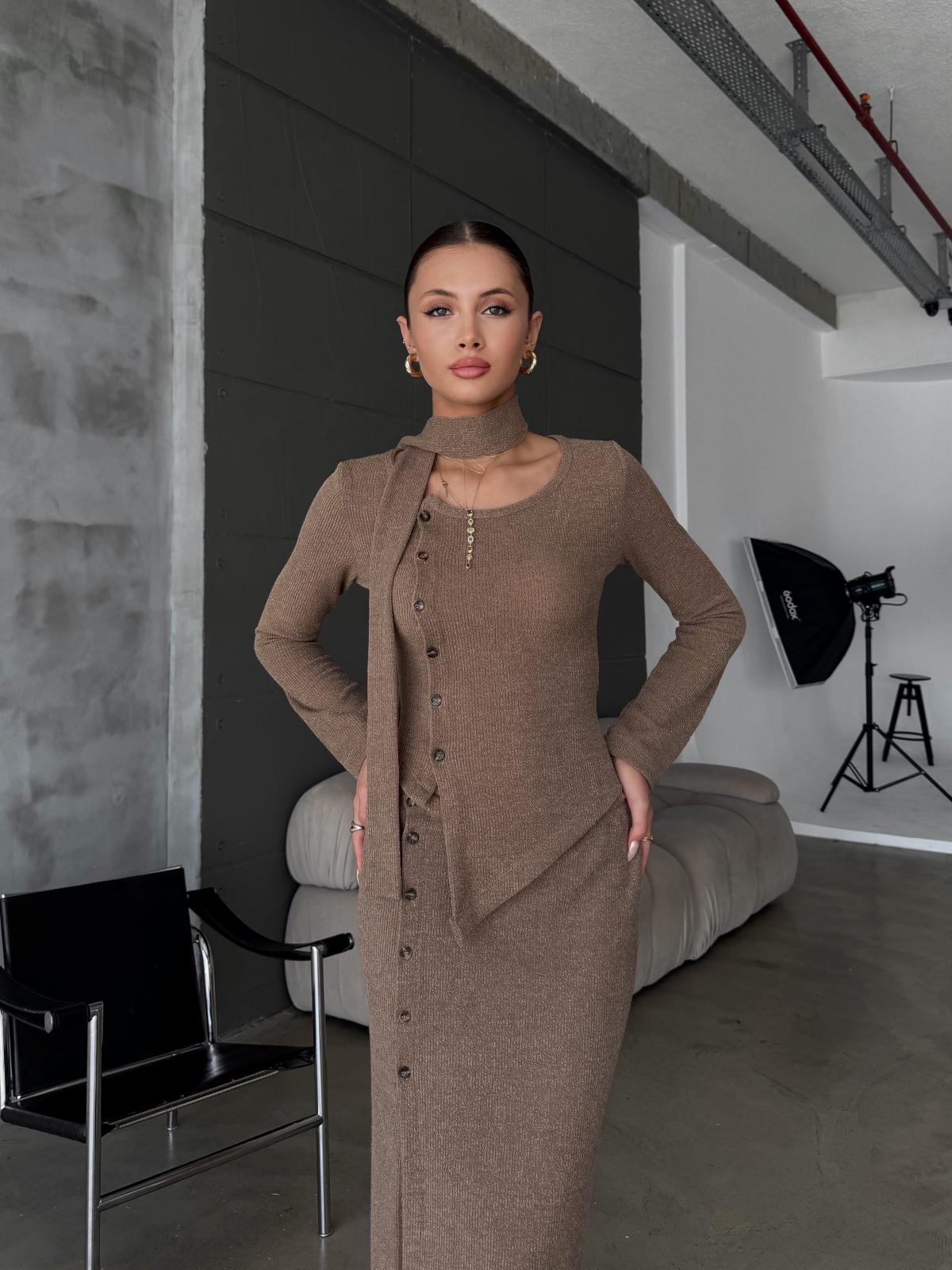 Knitora Şal Detay Koyu Kahve Triko Bluz Etek Takım
