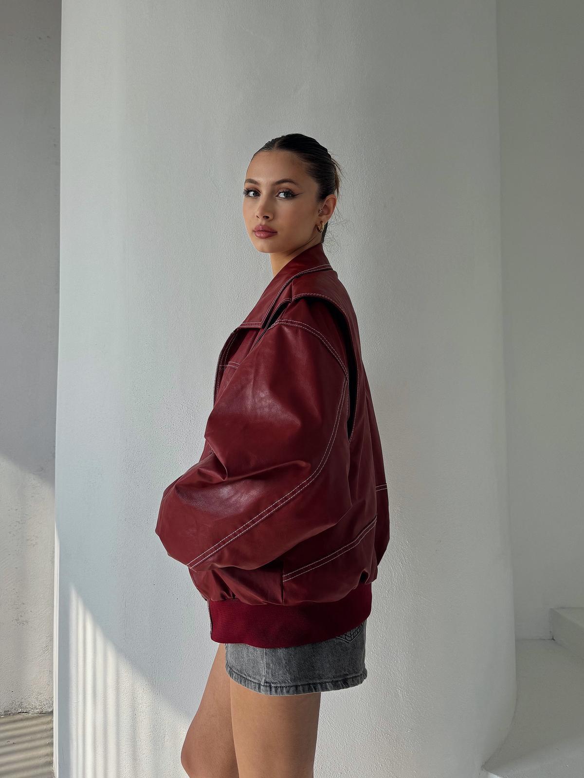 Knox Premium Dikiş Detay Kırmızı Deri Ceket