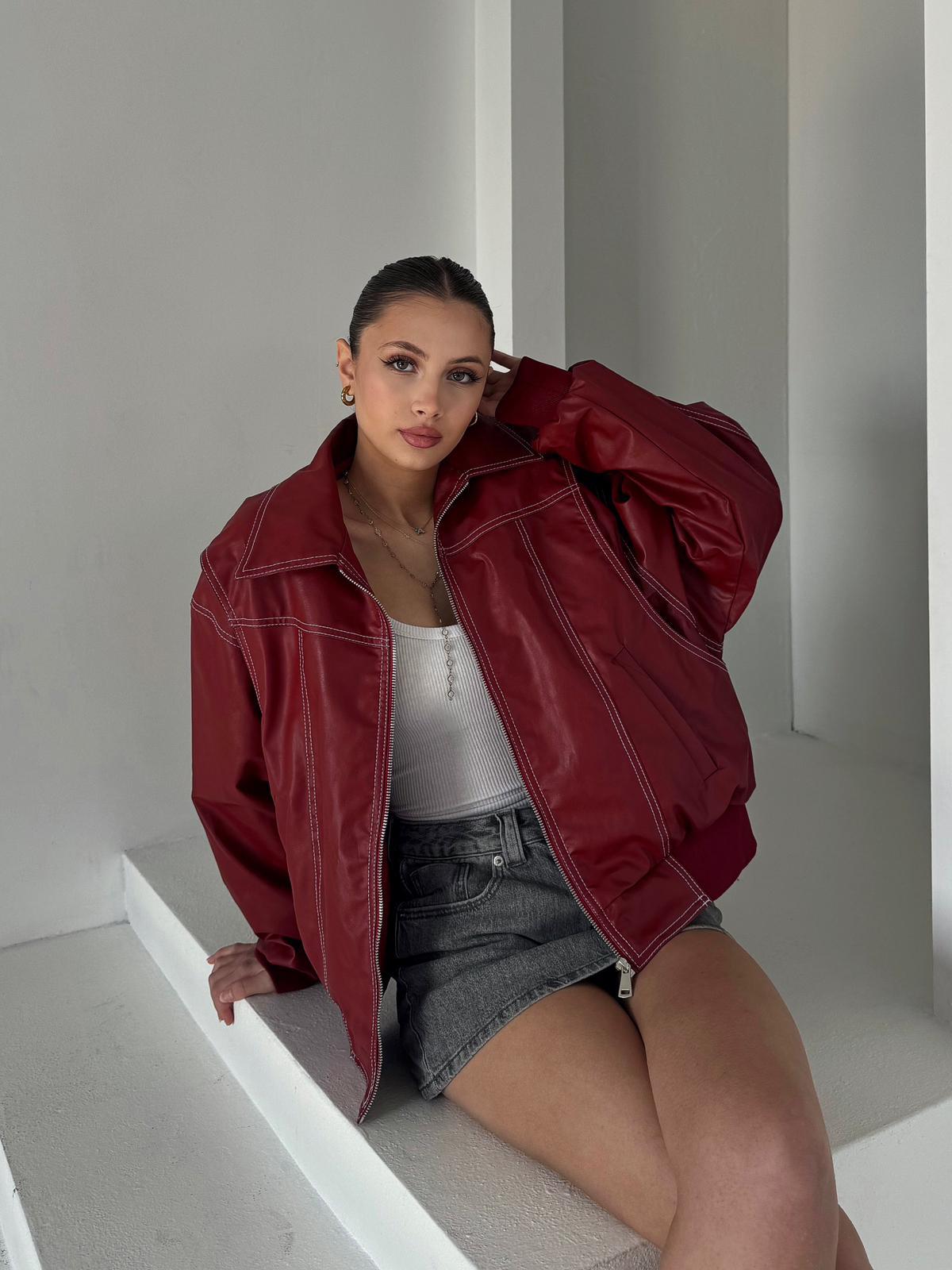 Knox Premium Dikiş Detay Kırmızı Deri Ceket