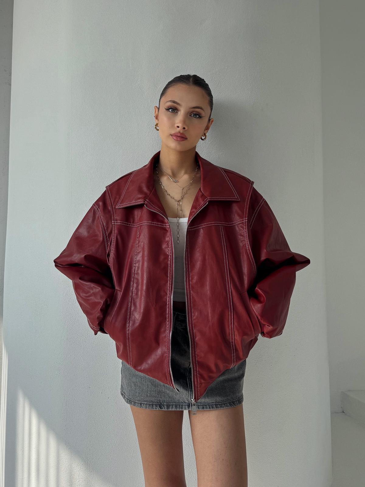 Knox Premium Dikiş Detay Kırmızı Deri Ceket